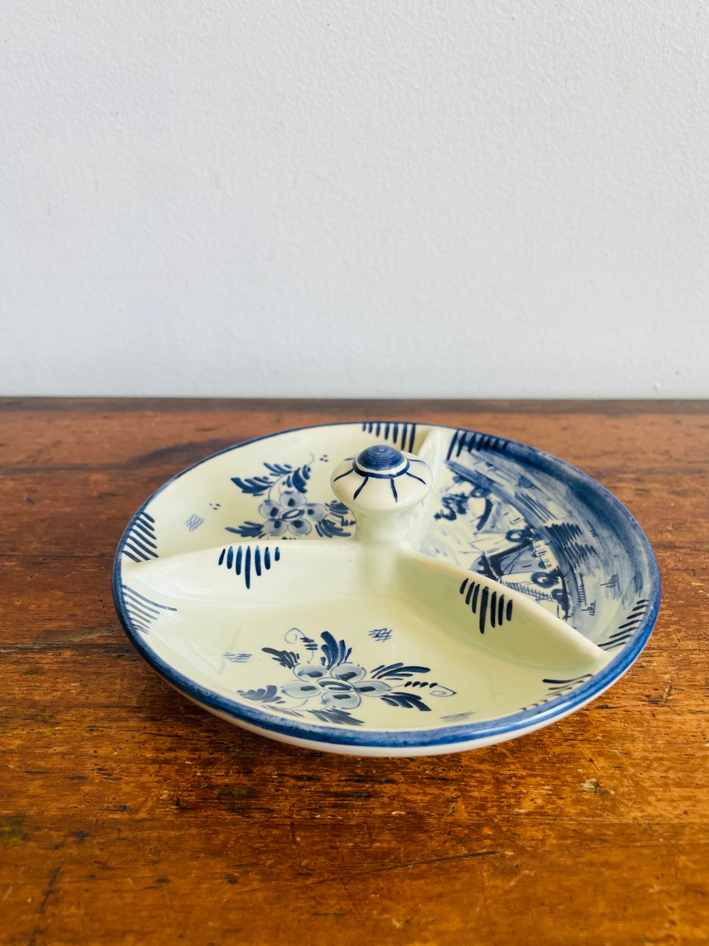Vintage Delft Blue Hand Painted Divided Trinket Bowl Dish with Handle - Made in Holland