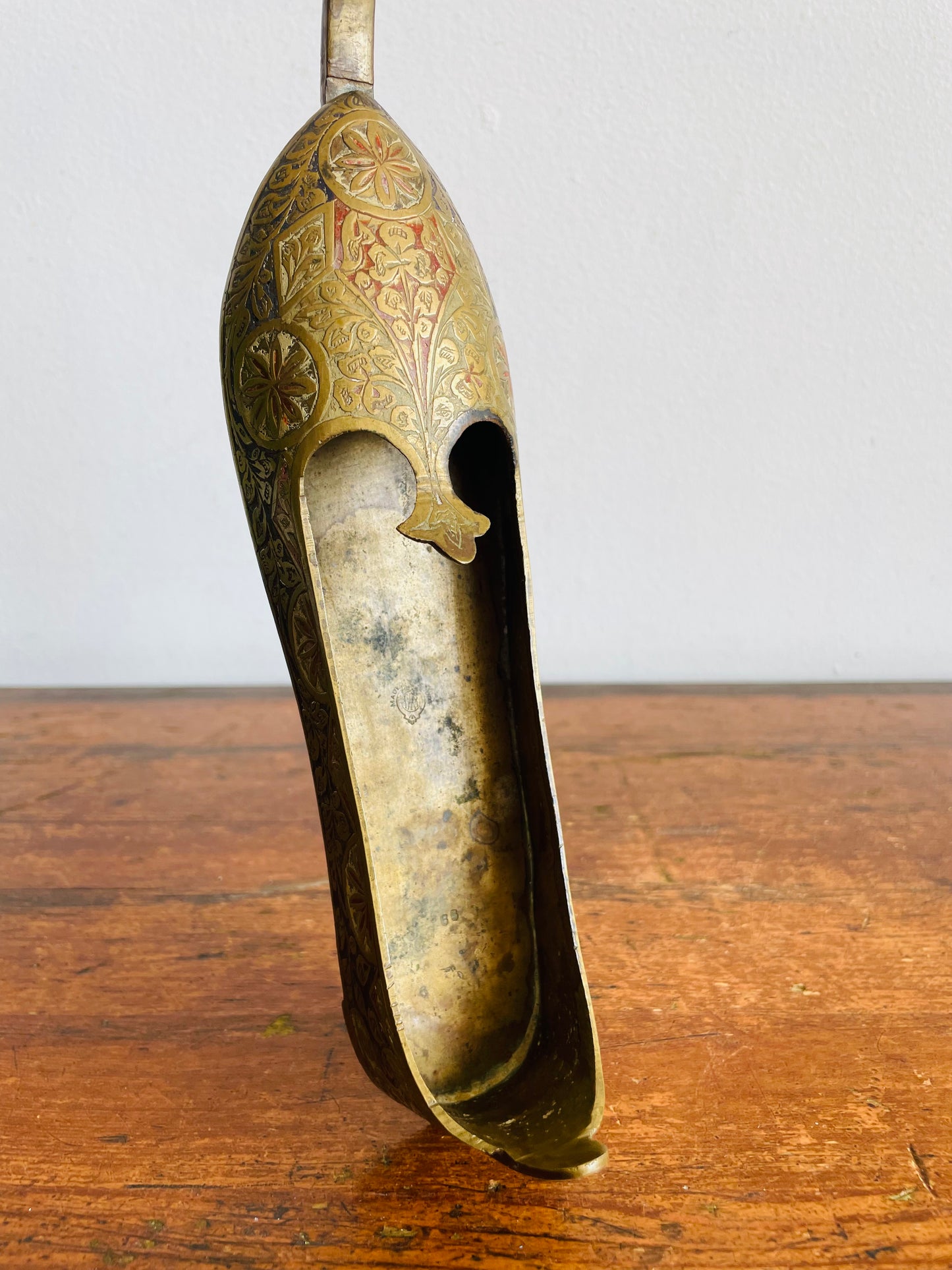 Vintage Brass Indian Slipper Shoe Trinket Dish with Etched Enamel Design & Ornate Details