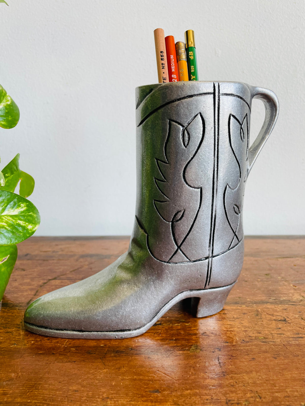 Vintage Metal Wilton Armetale Breakin' The Noggin Equestrian Western Cowboy Boot Novelty Beer Mug Stein, Pitcher, Makeup Brush Holder, Vase, Etc.