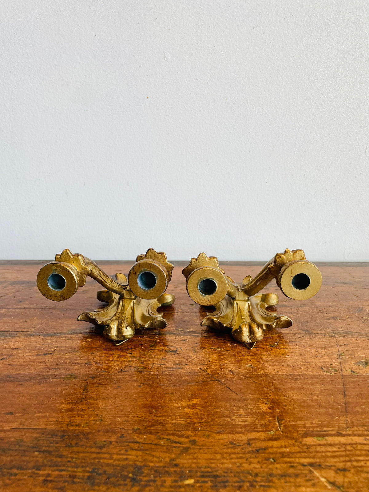 Vintage Italian Double Skinny Taper Candle Holder Wall Hanging Sconces - Gold Rococo Louis XV Style - Set of 2 - Made in Italy