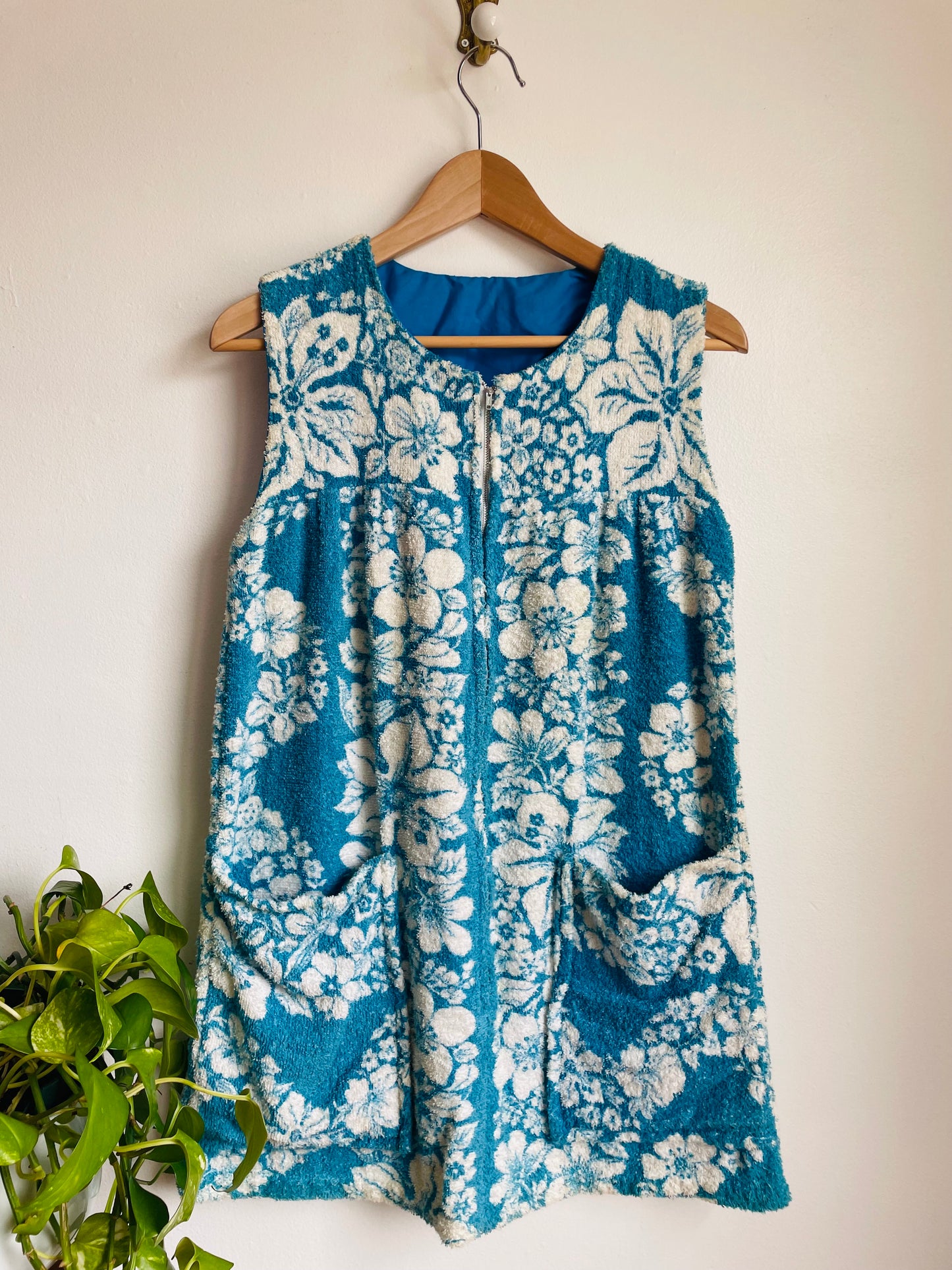 Zippered Terry Cloth Towel Dress or Beach Cover-Up with Pockets & Blue & White Tropical Hibiscus Flower Design