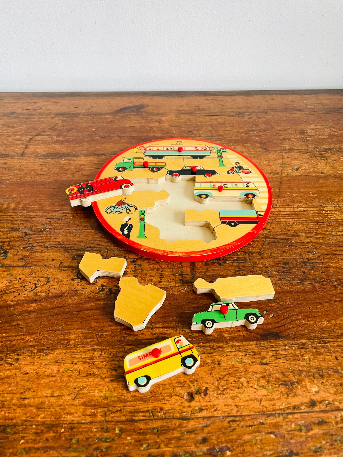 Vintage Simplex Round Wooden Knob Handle Puzzle with Automobile, Vehicle & Transit Design - Made in Holland
