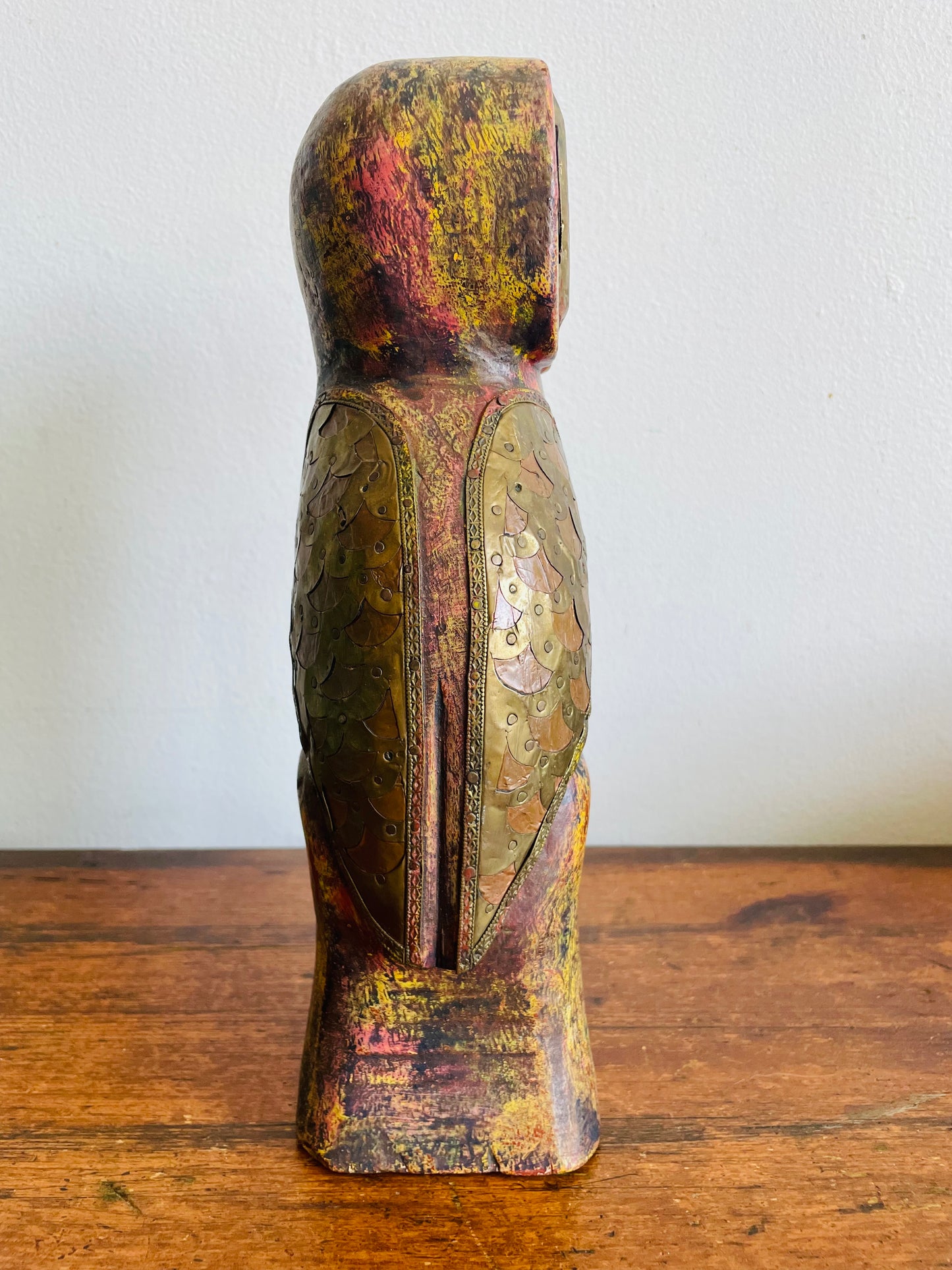 Vintage Solid Wood Carved Owl Sculpture With Hammered Brass & Copper Details