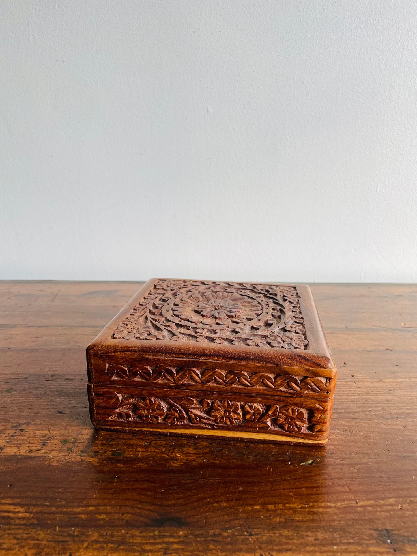 Square Indian Rosewood Box with Hinged Lid & Ornate Carved Flower Design