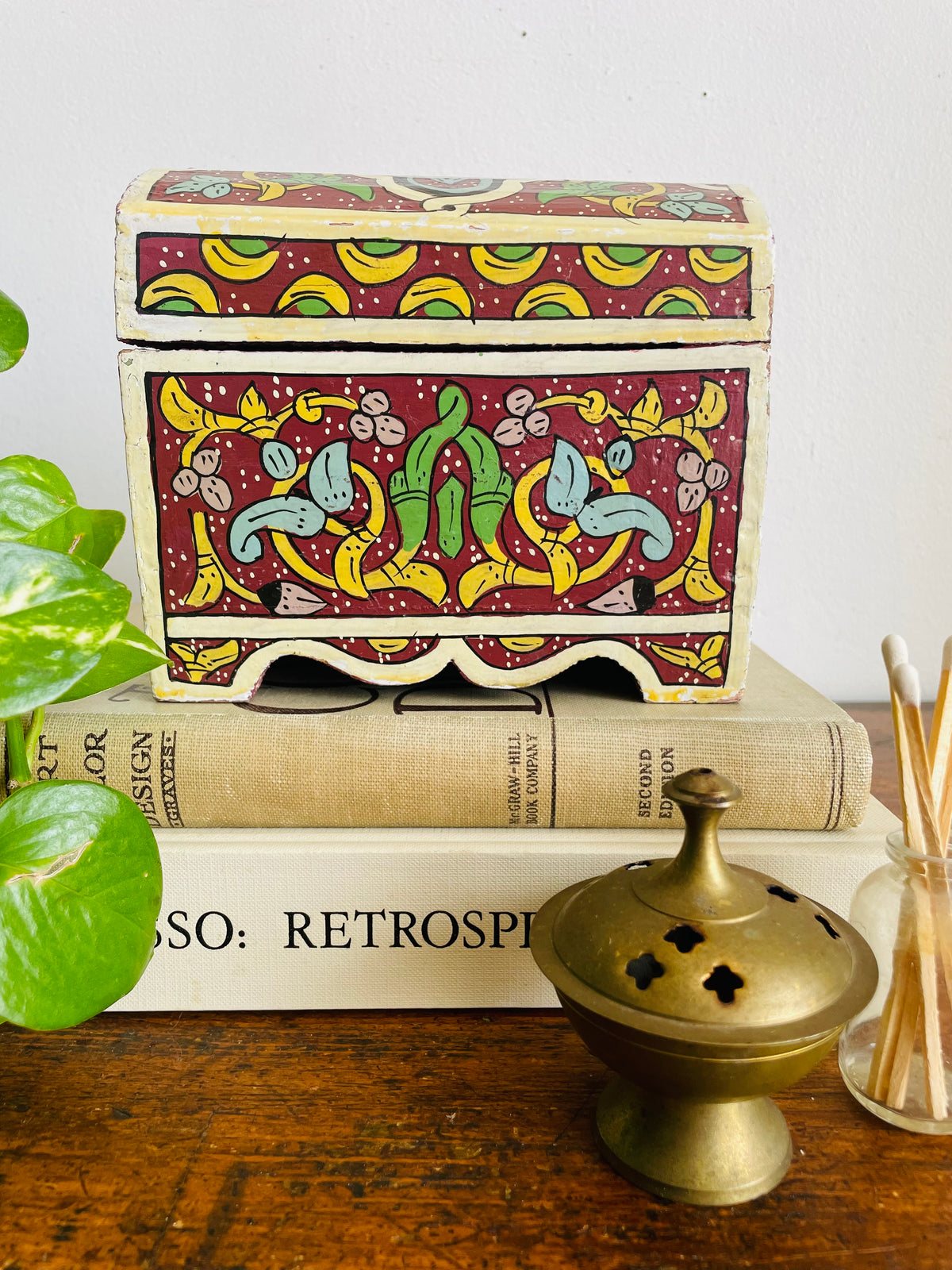 Vintage Moroccan Hand-Painted Wood Jewellery Trinket Treasure Chest Box with Hinged Lid & Colourful Bright Folk Art Design