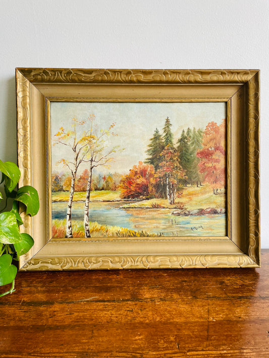 Original Art - Autumn Nature Scene Painting with Forest & Stream - Signed A. Miller