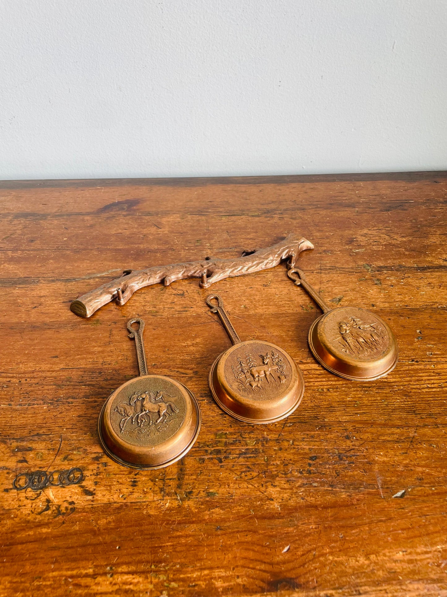 Vintage Miniature Hanging Copper Pans on Branch Hanger with Embossed Animal & Nature Images