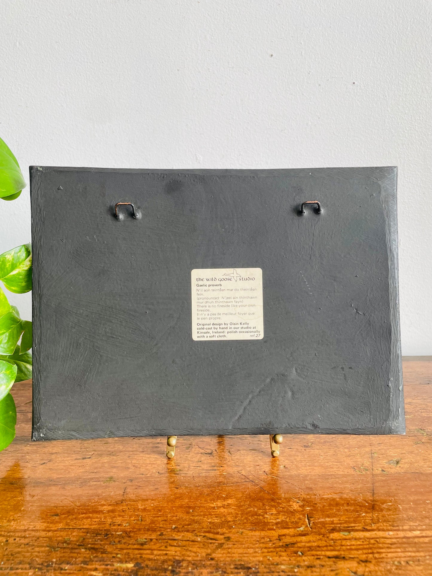 Vintage Wild Goose Studio Wall Hanging Cold Cast Plaque Picture with Irish Gaelic Proverb - There is No Fireside Like Your Own Fireside - Made in Kinsale,Ireland by Artist Oisin Kelly