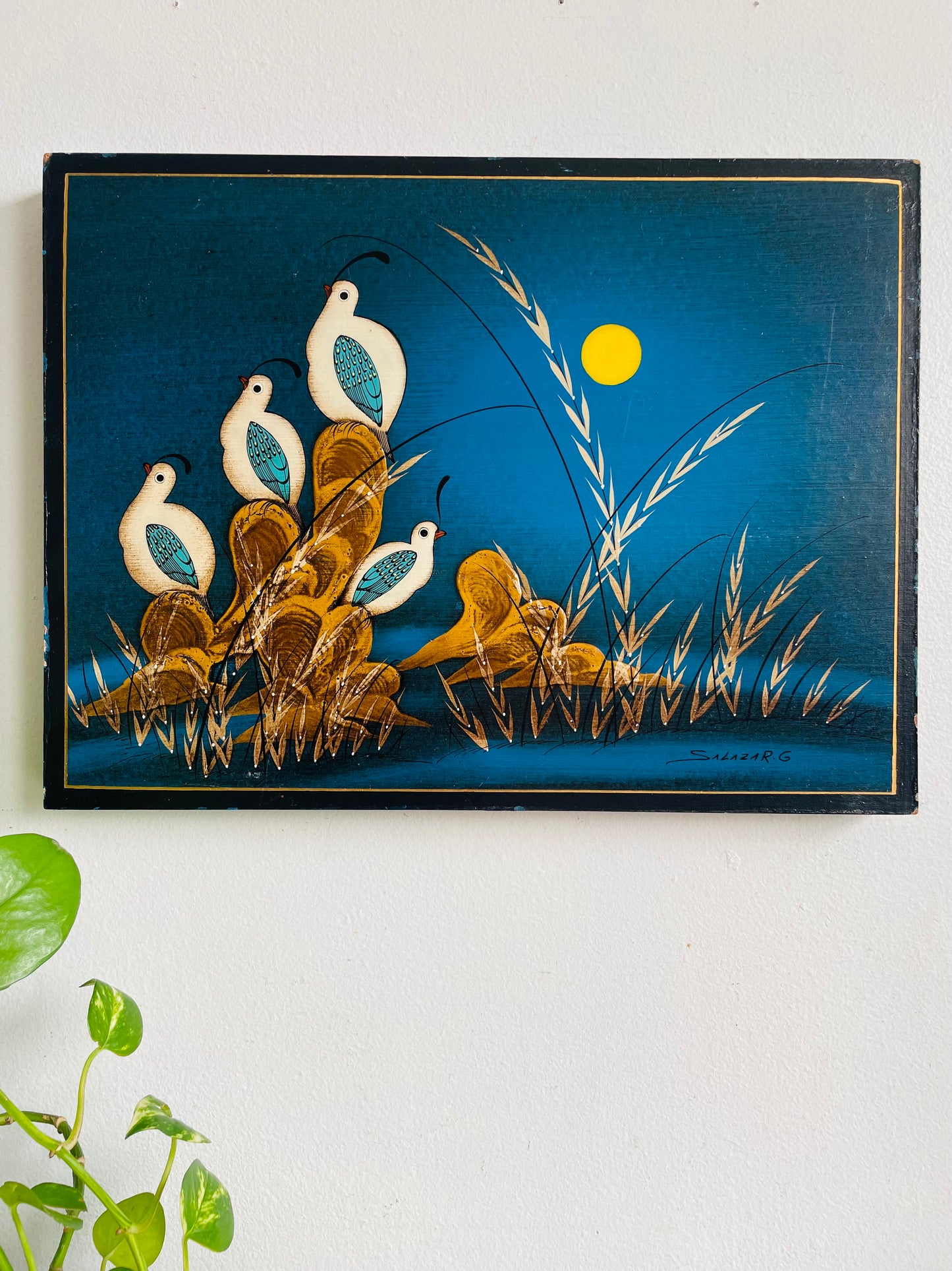 Vintage Mexican Folk Art Painting of Quail Birds with Sun & Blue Background - Artist Signed Salazar G.