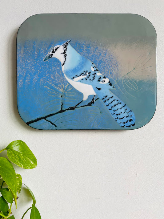 Vintage Hand Enamel on Copper Wall Plaque Picture - Signed by Canadian Artist B. E. Eren - Blue Jay Bird - Made in Canada