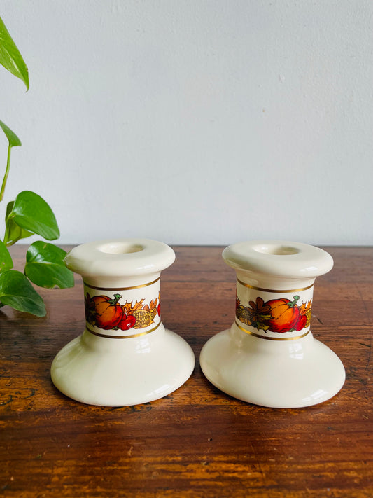 Vintage Carlton Cards Ceramic Taper Candle Holders with Pumpkin Fall Harvest Scene - Set of 2 - Made in Taiwan