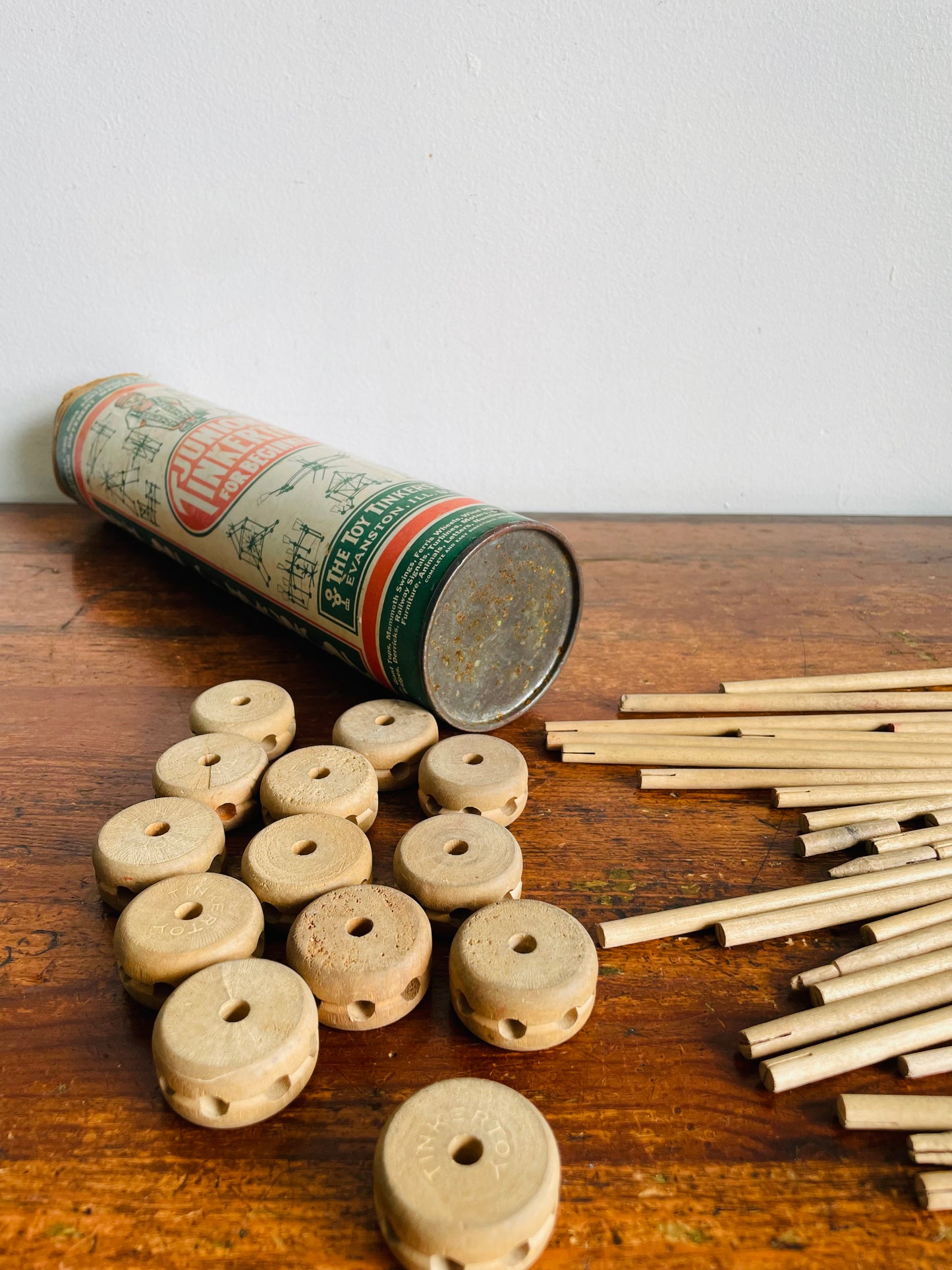 Vintage Junior Tinkertoy for Beginners Green Label Canister with Wood Building Blocks - Includes 42 Pieces