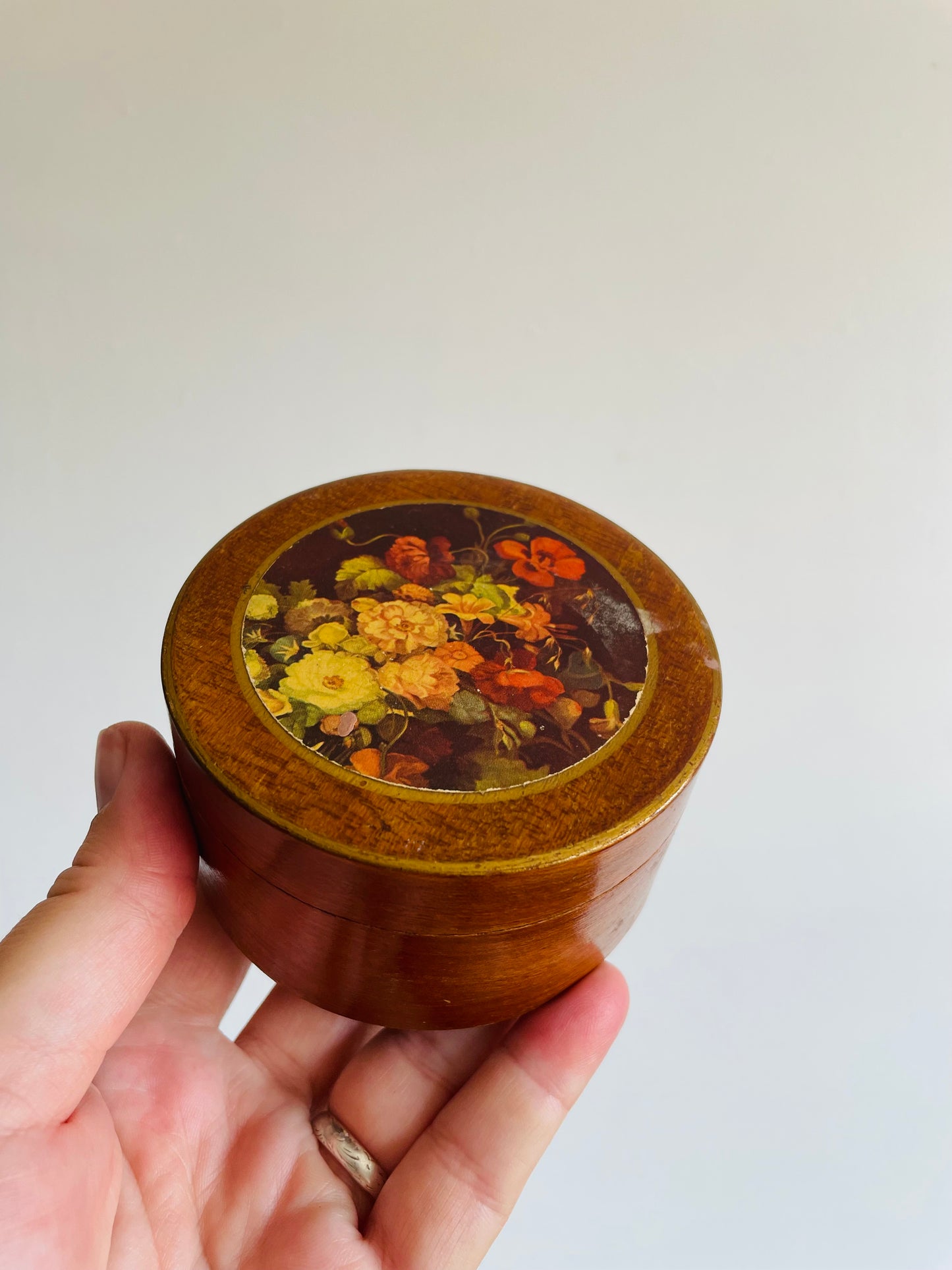 Round Wood & Tin Trinket Box with Floral Lid