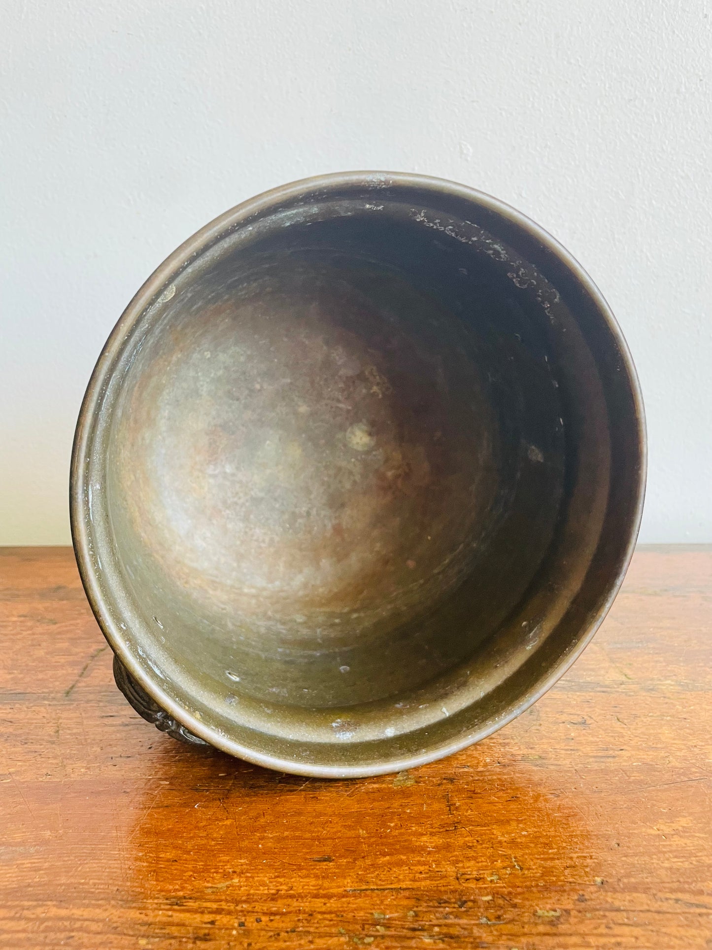 Vintage Solid Brass Footed 7" Planter Pot with Handles & Dark Patina