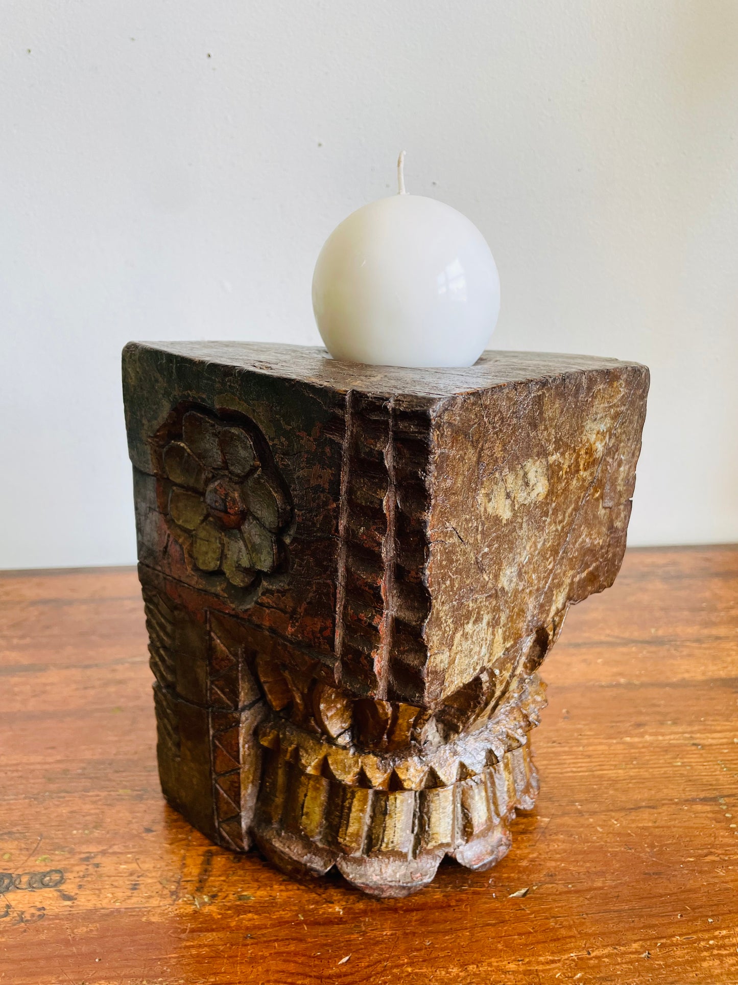 Vintage / Possibly Antique Hand-Carved Indian Architectural Salvage - Solid Wood Heavy Pillar Post from Temple or Home - Has Brackets for Hanging or Can Stand / Has a Candle Holder Spike Carved Out on Top