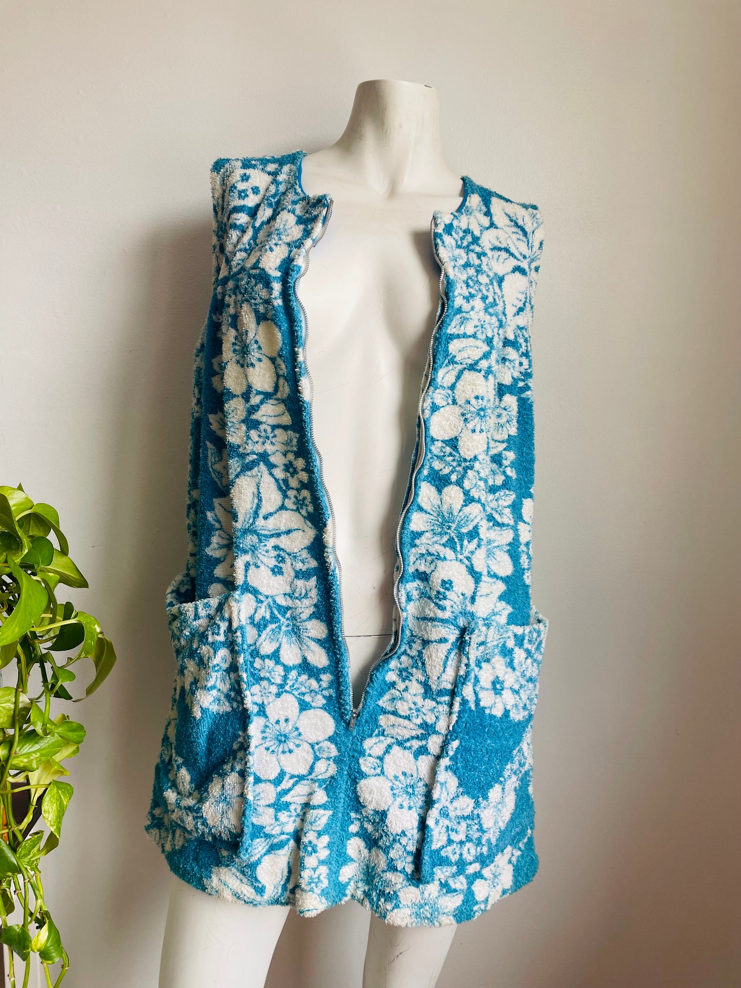 Zippered Terry Cloth Towel Dress or Beach Cover-Up with Pockets & Blue & White Tropical Hibiscus Flower Design