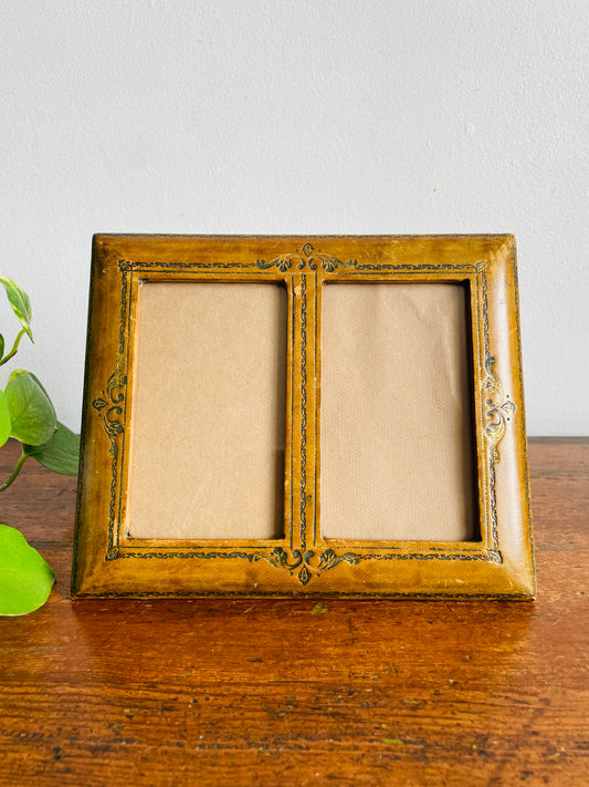 Vintage Genuine Italian Leather Brown Double Picture Frame with Scroll Design - Made in Italy - Easel Backing