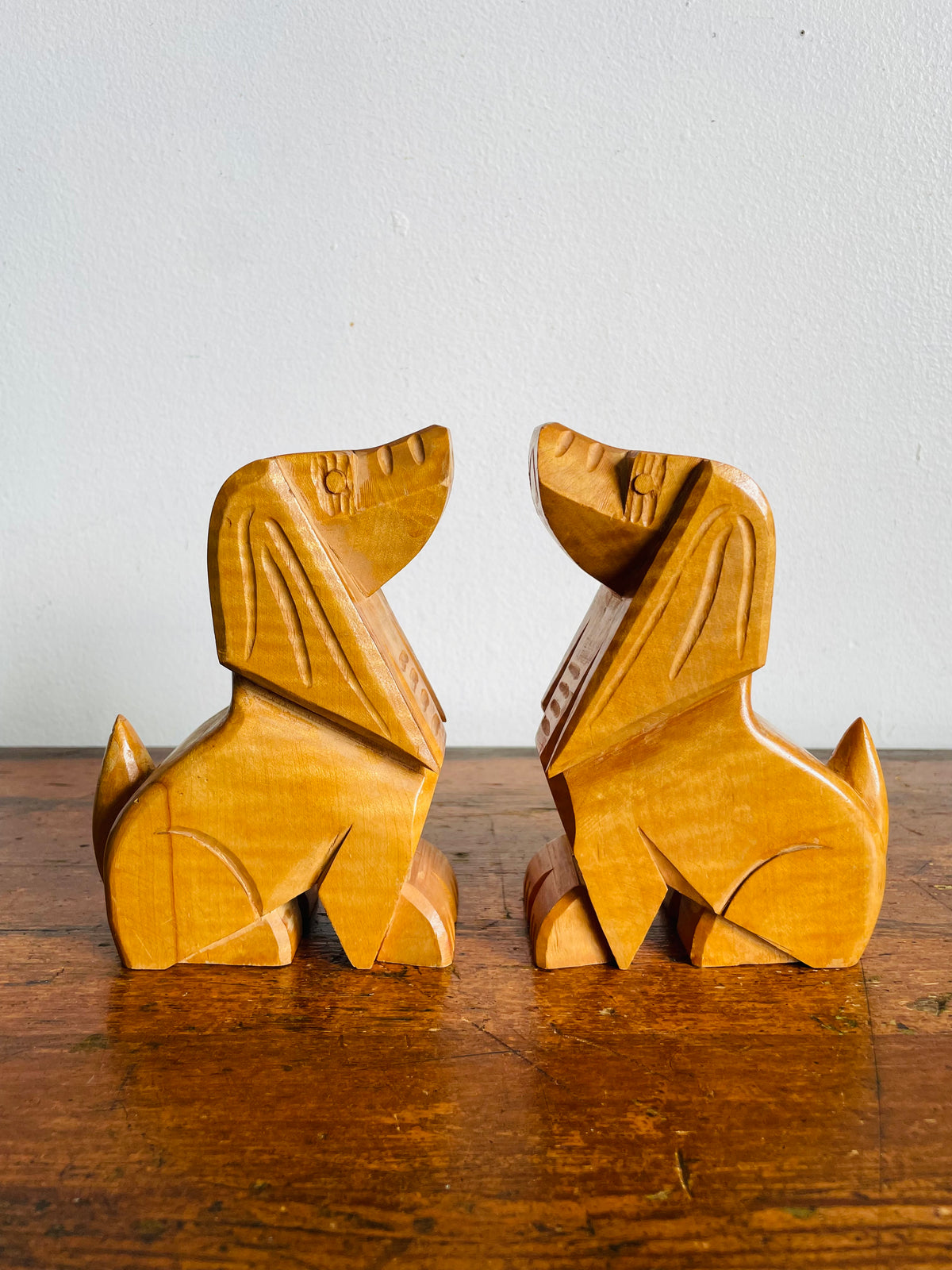 Vintage Carved Wood Hound Dog Bookends - Set of 2
