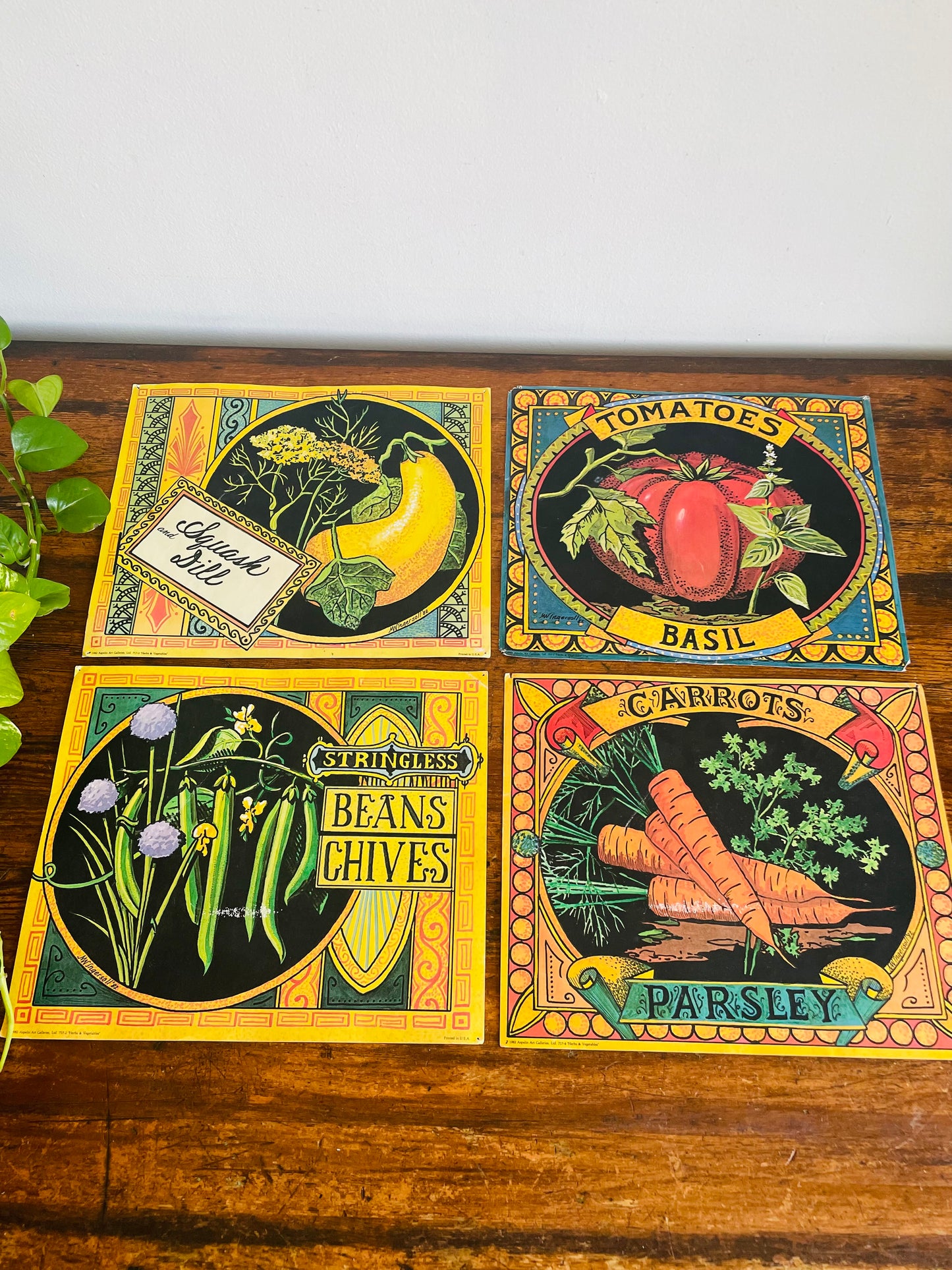 Vintage 1982 Aspelin Art Galleries Ltd. Herbs & Vegetables Prints - Set of 4 - Squash, Dill, Tomatoes, Basil, Carrots, Parsley, Beans & Chives