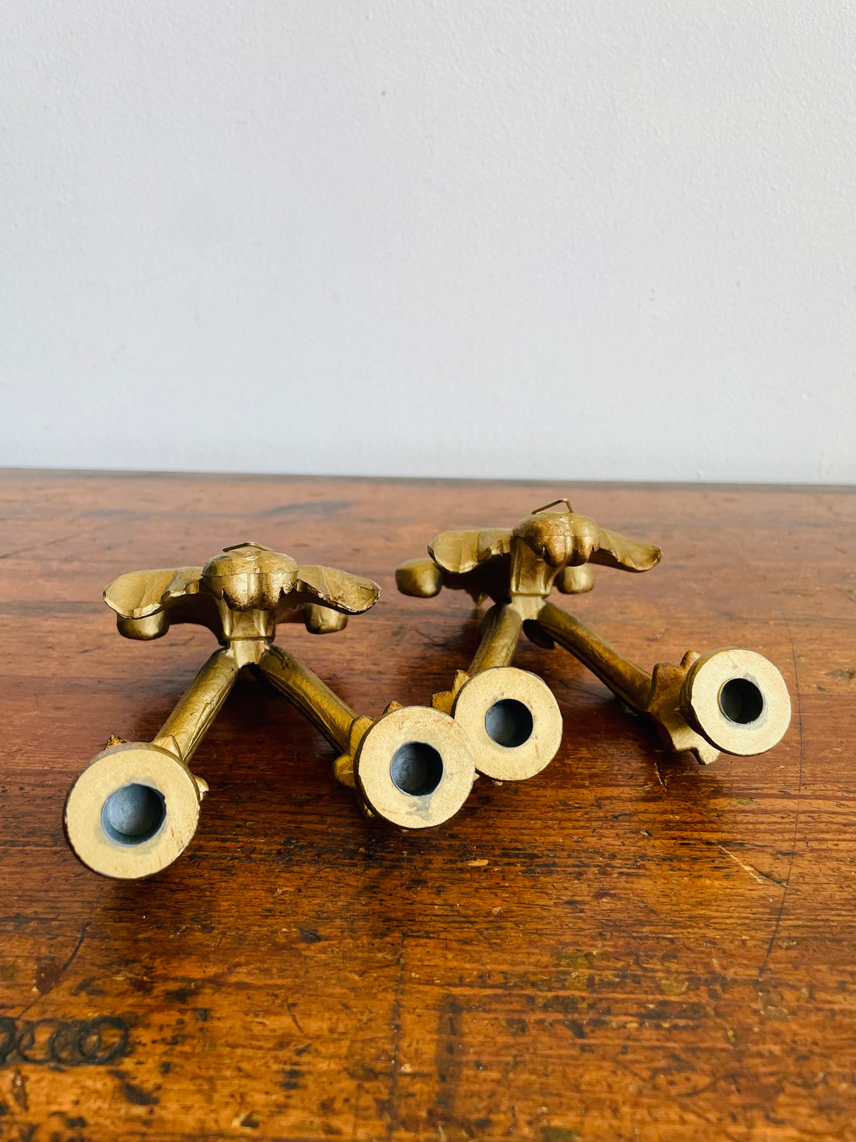 Vintage Italian Double Skinny Taper Candle Holder Wall Hanging Sconces - Gold Rococo Louis XV Style - Set of 2 - Made in Italy