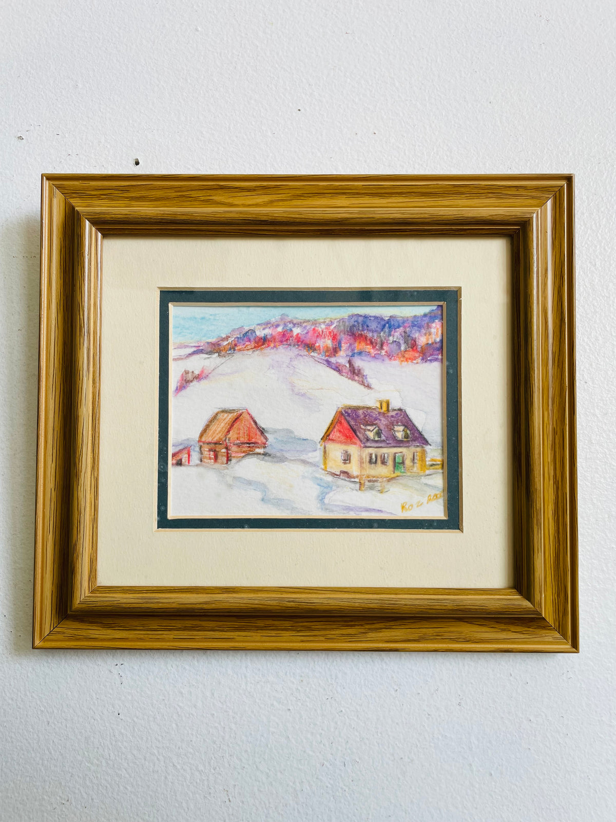 Vintage 2000 Original Art Watercolour Painting of Winter Forest & Houses in Snow Scene - Artist Signed Roz