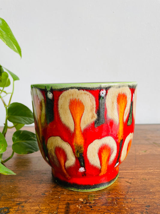 Vintage Bright Red 5" Planter Pot with Orange & Brown Drippy Design