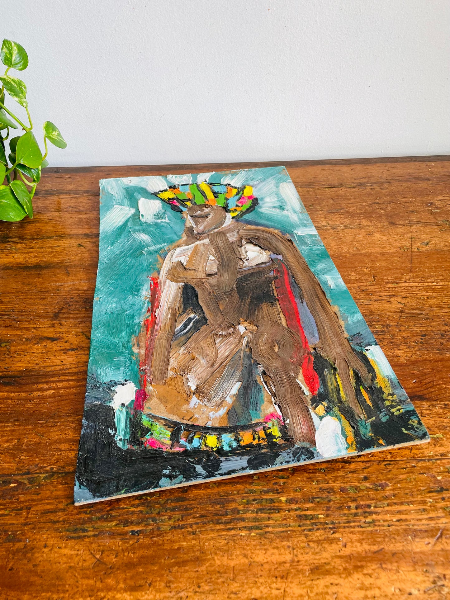 Original Art Abstract Oil Painting on Masonite Board of Nude Woman in Colourful Hat - Purchased from an Artist's Estate in Fort Erie, ON