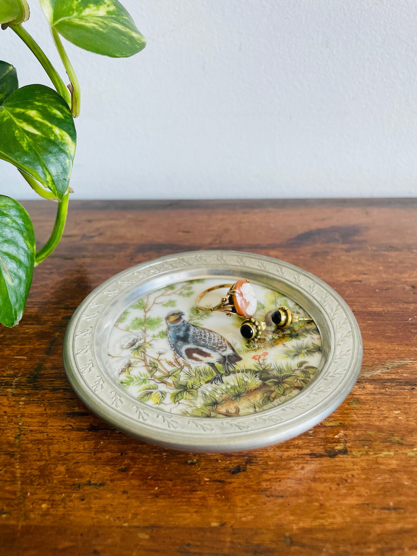 Vintage Kaiser West Germany Porcelain & Pewter Coaster, Trinket Dish, or Wall Hanging Picture with Quail Bird Design - Includes Optional Wall Hanging Hook
