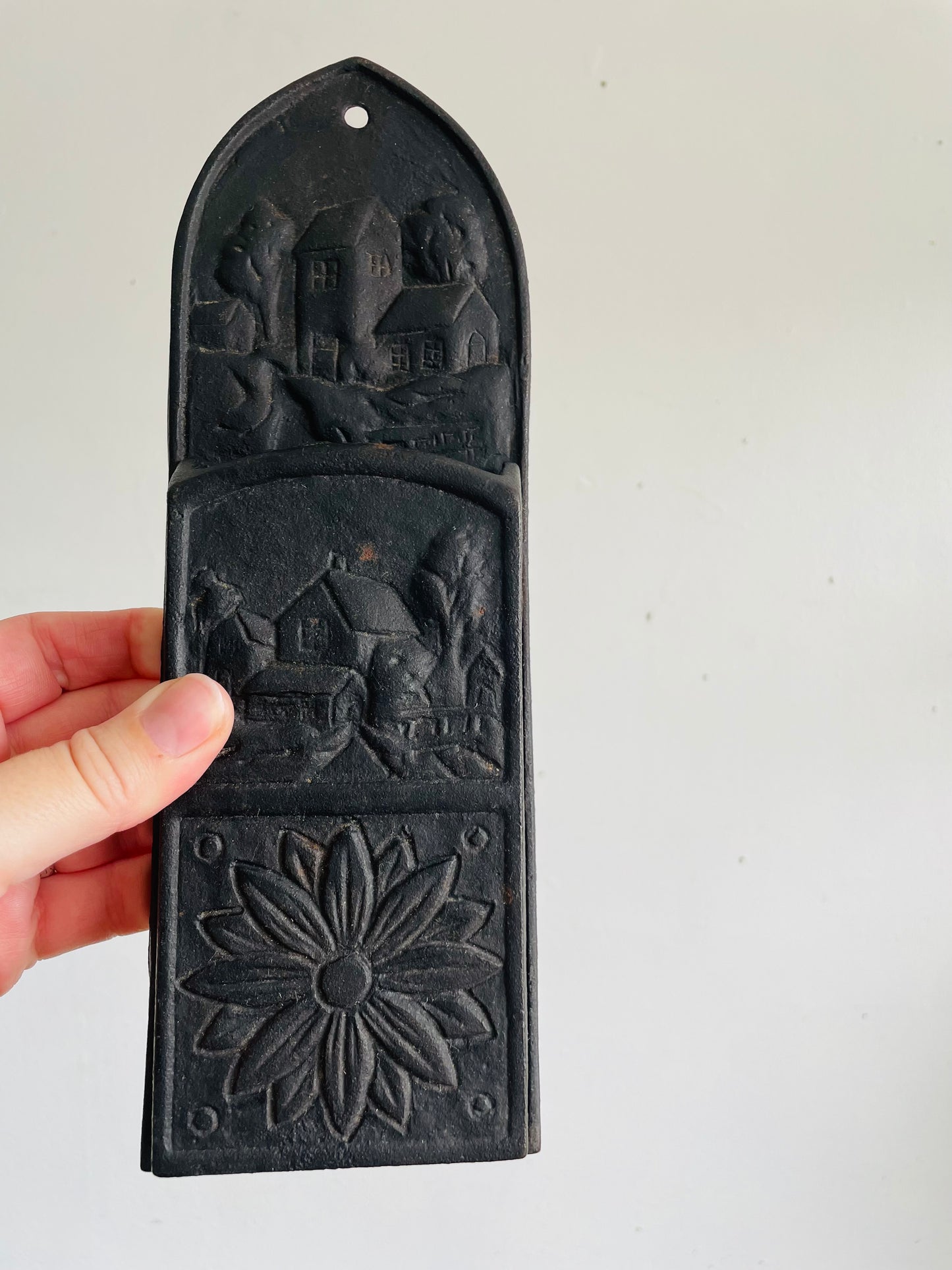 Vintage Cast Iron Wall Pocket Hanging Match Safe Holder with Flower, Barn & House Design