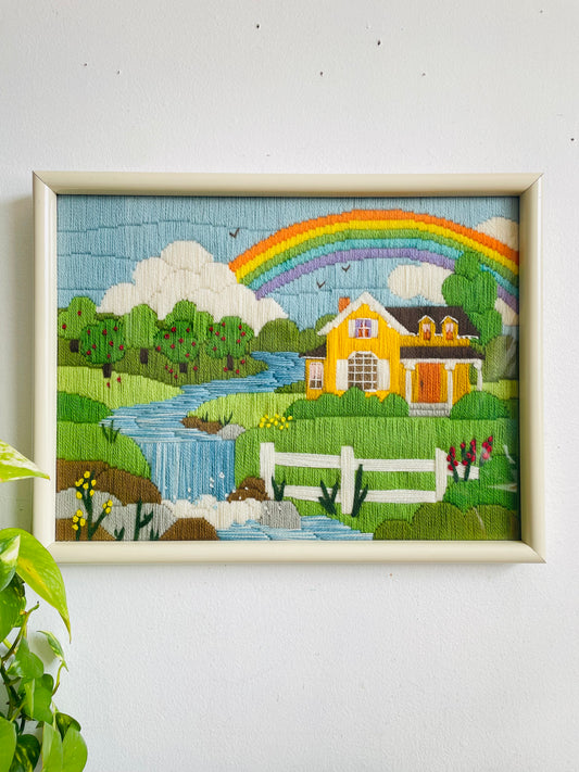 Vintage Absolutely Adorable Cheerful & Bright Crewel Embroidery Picture of Yellow House Under Rainbow - Signed on Back: To Adam Love Mommy & Daddy July 1986