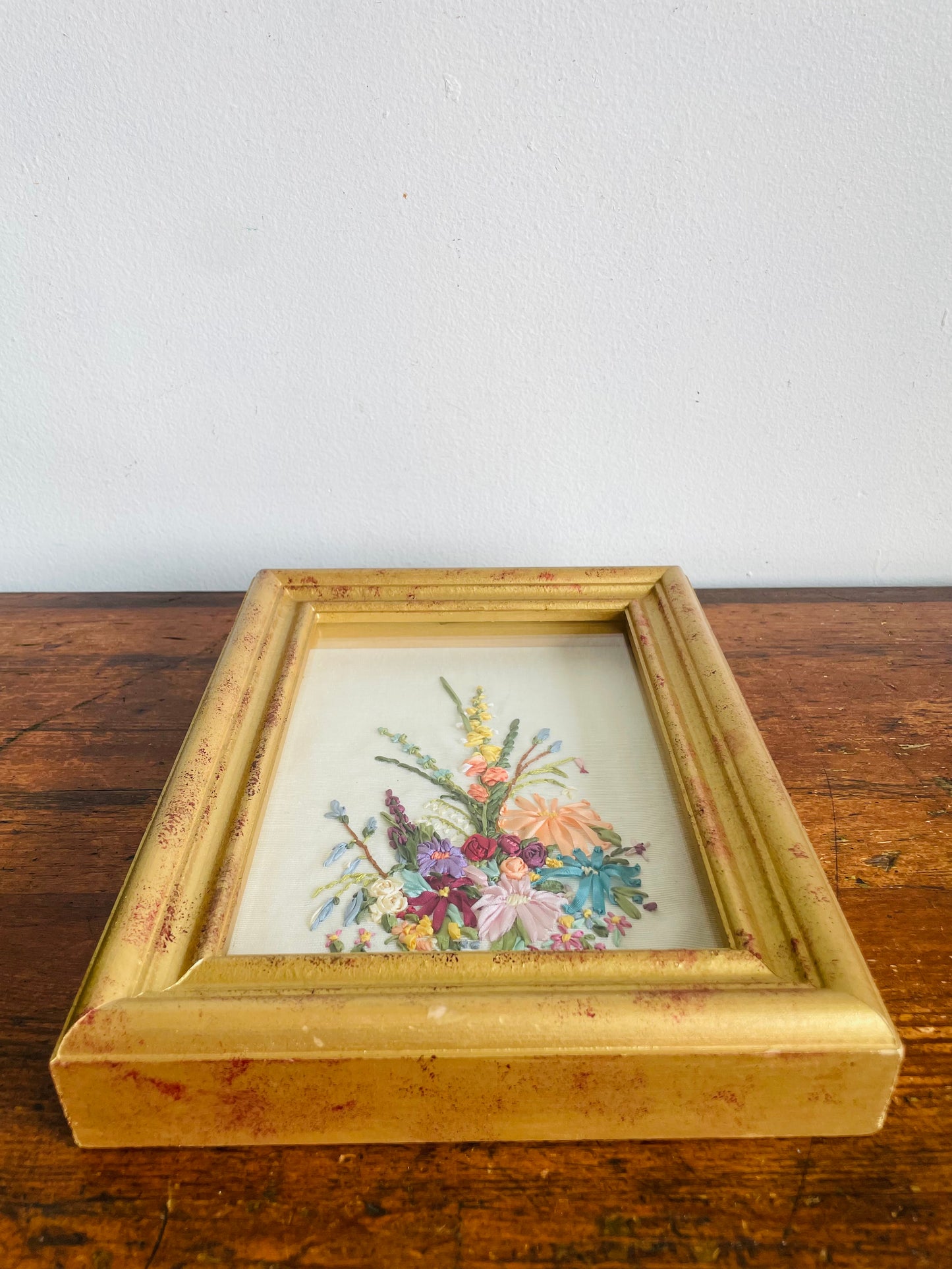 Vintage Needlepoint Crewel Silk Ribbon Embroidery Picture of Flowers in Gold Shadowbox Frame