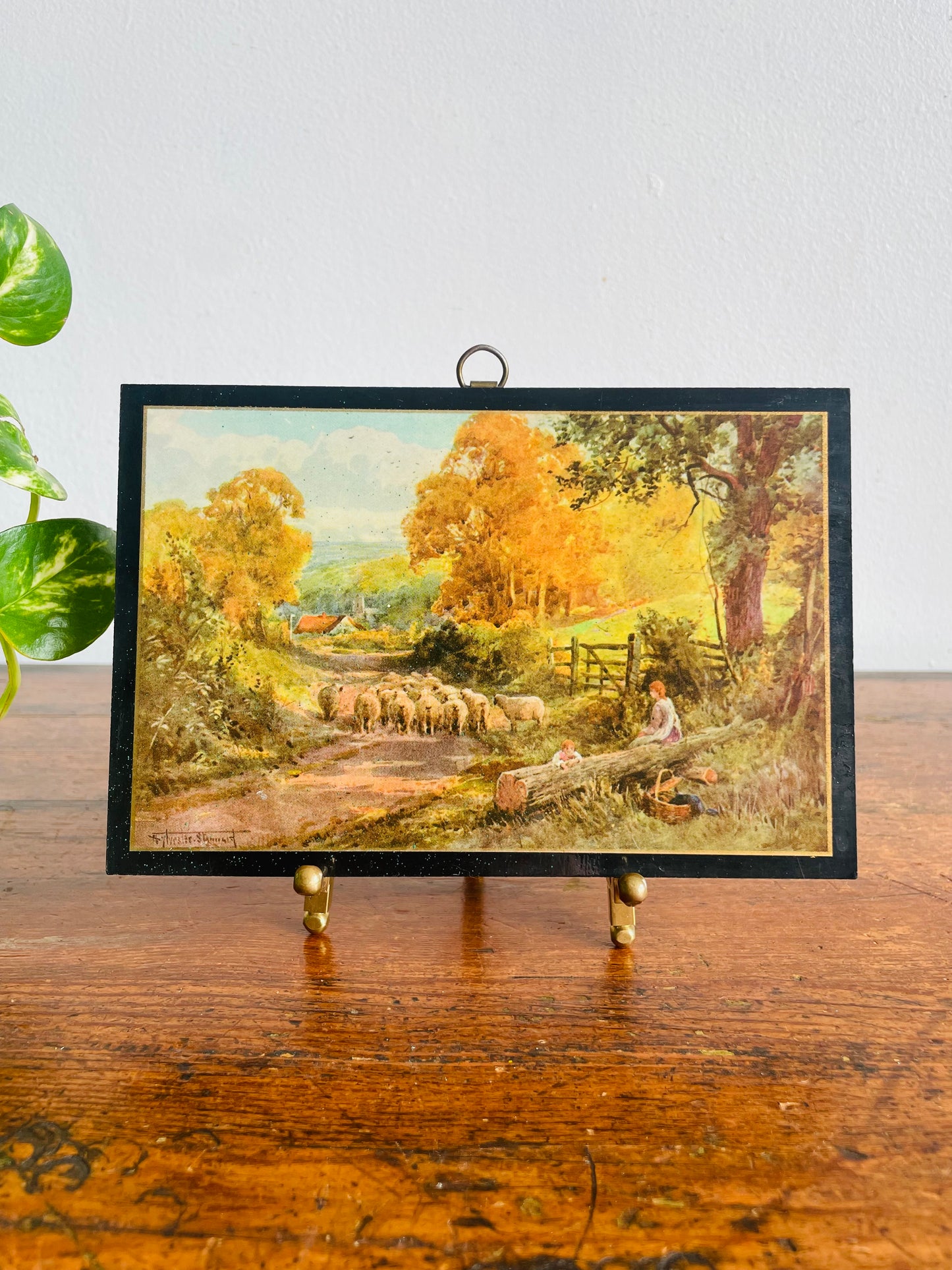 Vintage Print Picture on Wood Plaque with Country Road, Farm, Sheep, Mother & Child, Picnic Scene