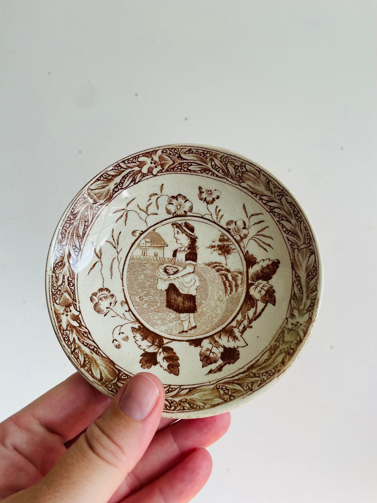 Antique Late Victorian 1880-1890 "Little May / Mae" Pattern 753 Sepia Brown Transferware Children's Toy Tea Set - Charles Allerton & Sons England - Plates, Bowl, Creamer, Biscuit Jar & Teapot - Set of 6 Pieces