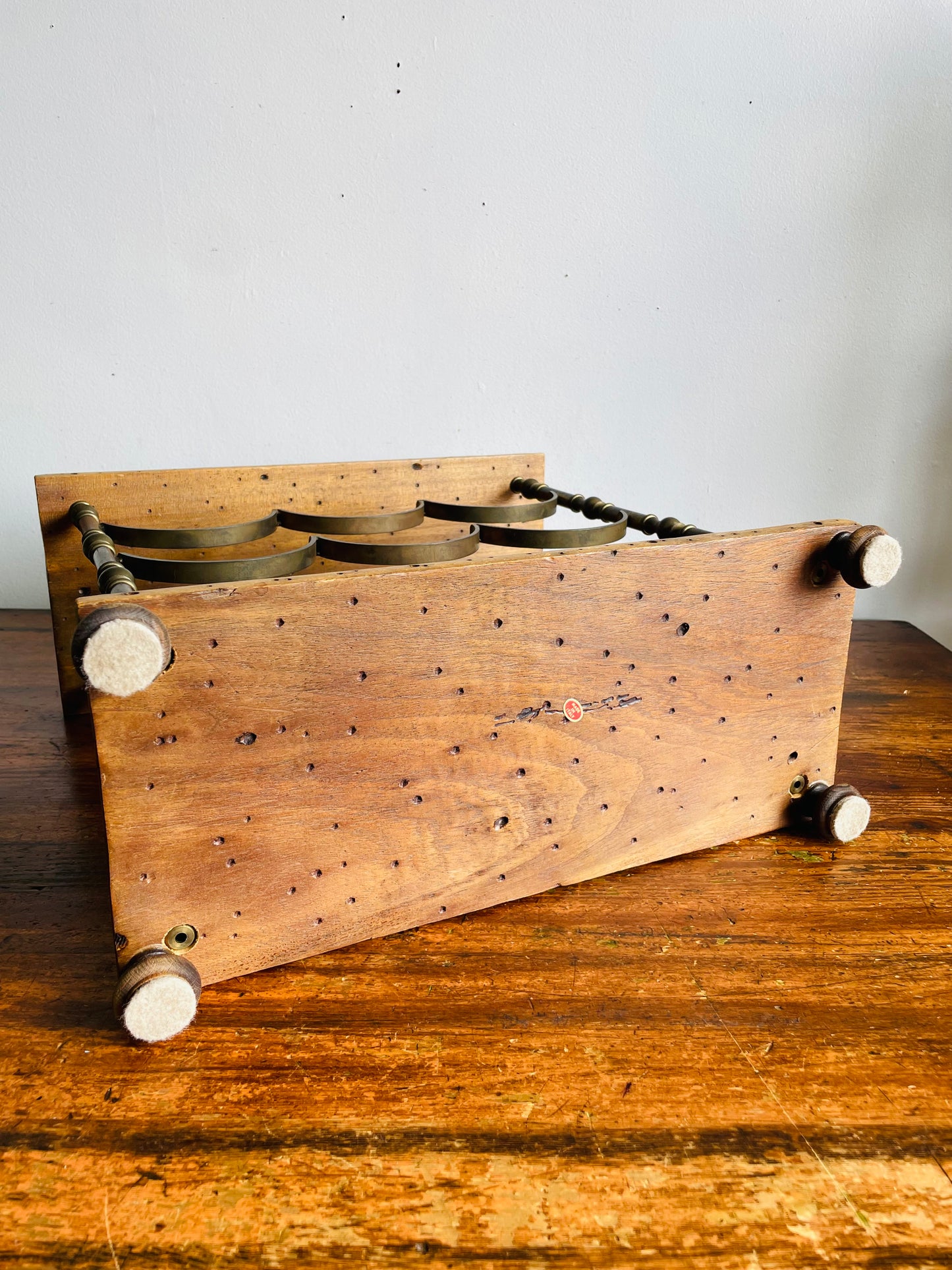 Vintage Italian Sturdy Wood & Solid Brass Footed Tabletop Wine Bottle Holder - Holds 9 Bottles - Made in Italy