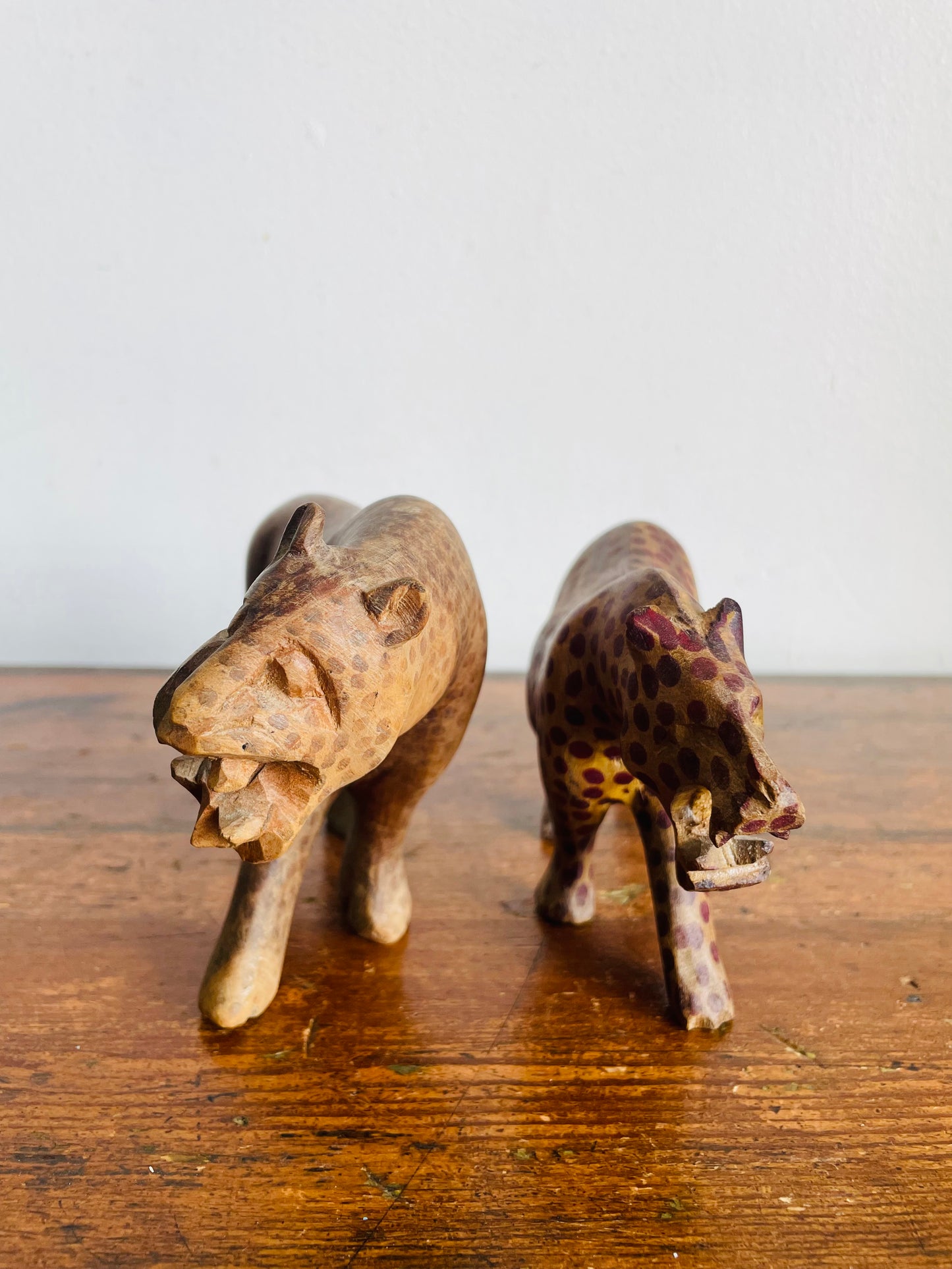 Vintage Hand Carved Wood Prowling Spotted Leopard Big Cats - Set of 2