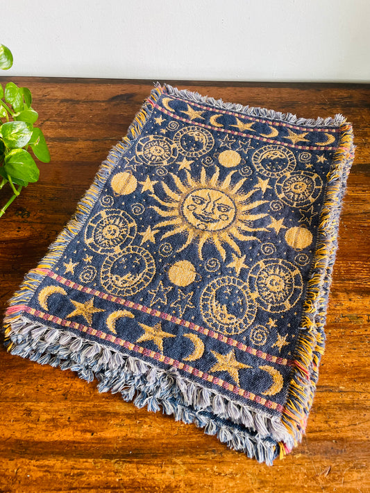 Vintage Blue & Yellow Reversible Celestial Tapestry Fabric Fringed Placemats with Sun, Moon & Star Design - Whimsigoth Decor - Set of 6