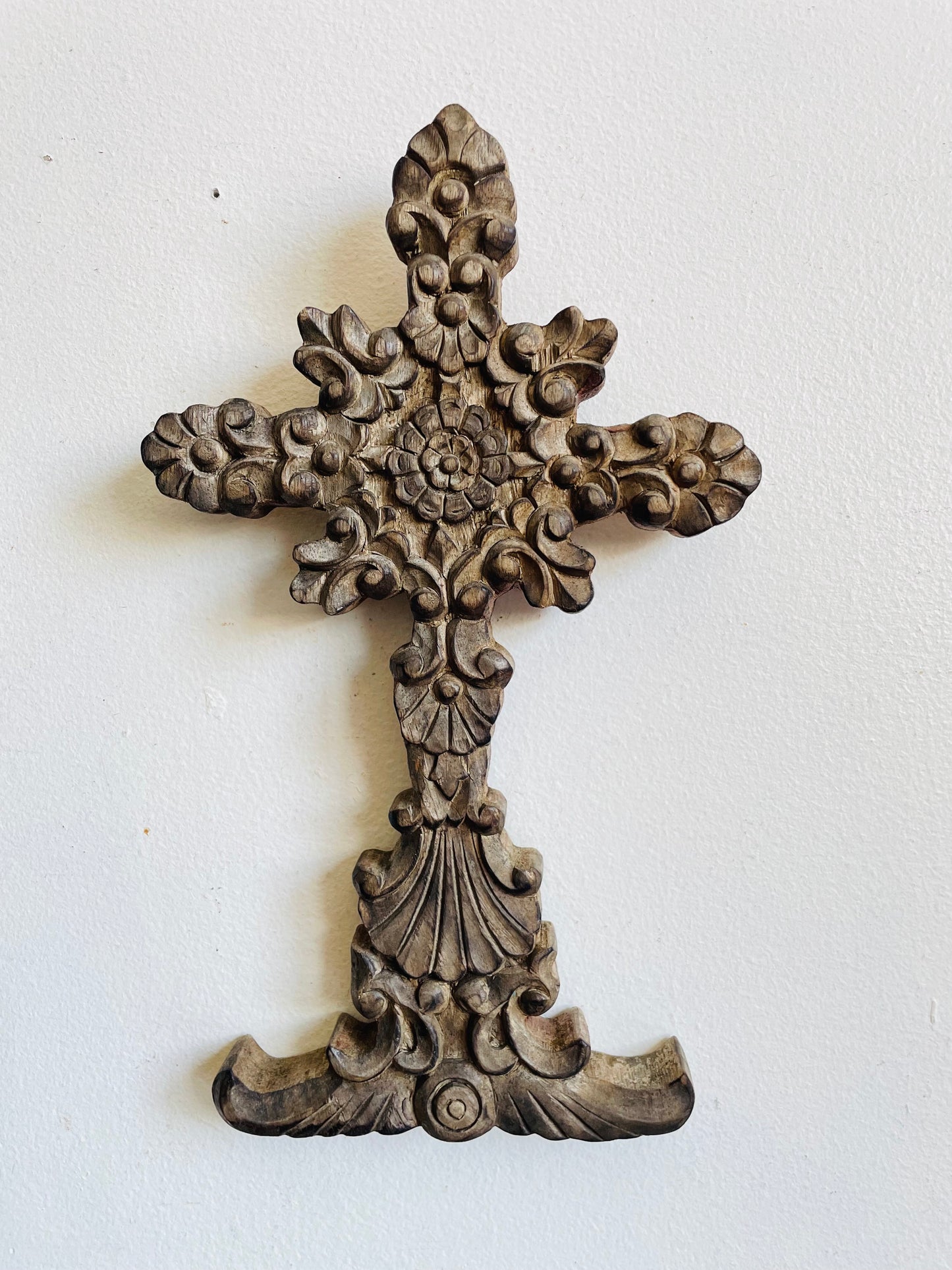 Vintage Carved Wood Wall Hanging Cross with Ornate Floral Design