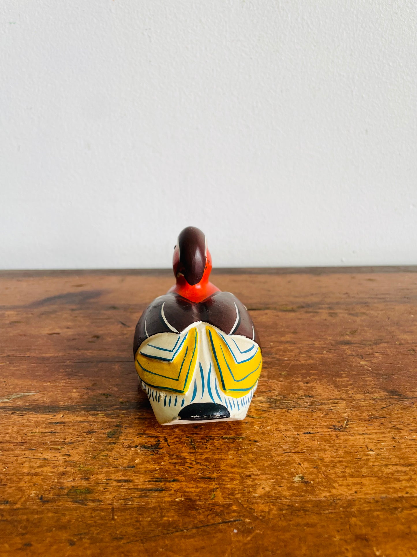 Vintage Small Wood Decoy Duck Figurine with Brightly Coloured Hand Painted Design