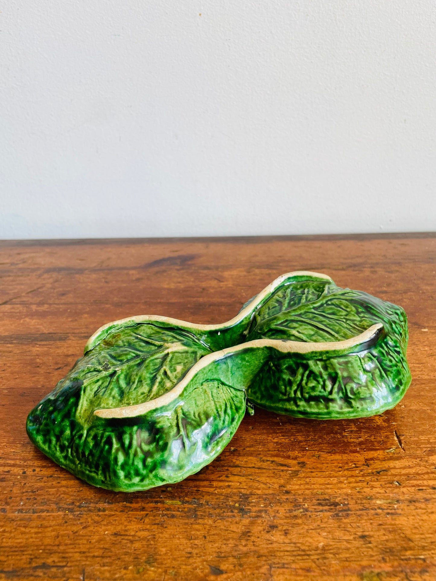 Vintage Cabbageware Cabbage Leaf Divided Double Bowl Dish - Trinkets, Jewellery, Serving, Etc.