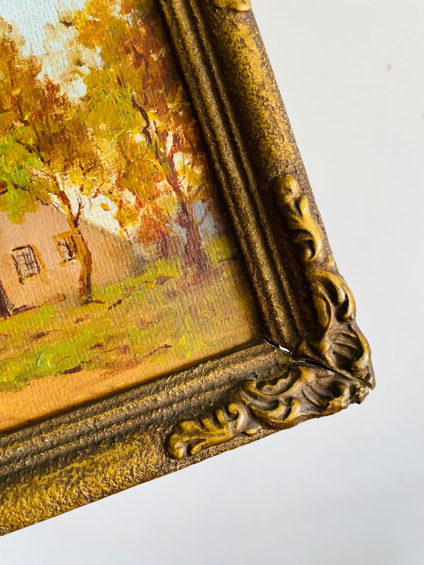 Vintage Original Art Painting in Gold Frame - European Rural Countryside Scene with Houses & Woman Walking Down Lane - Artist Signed