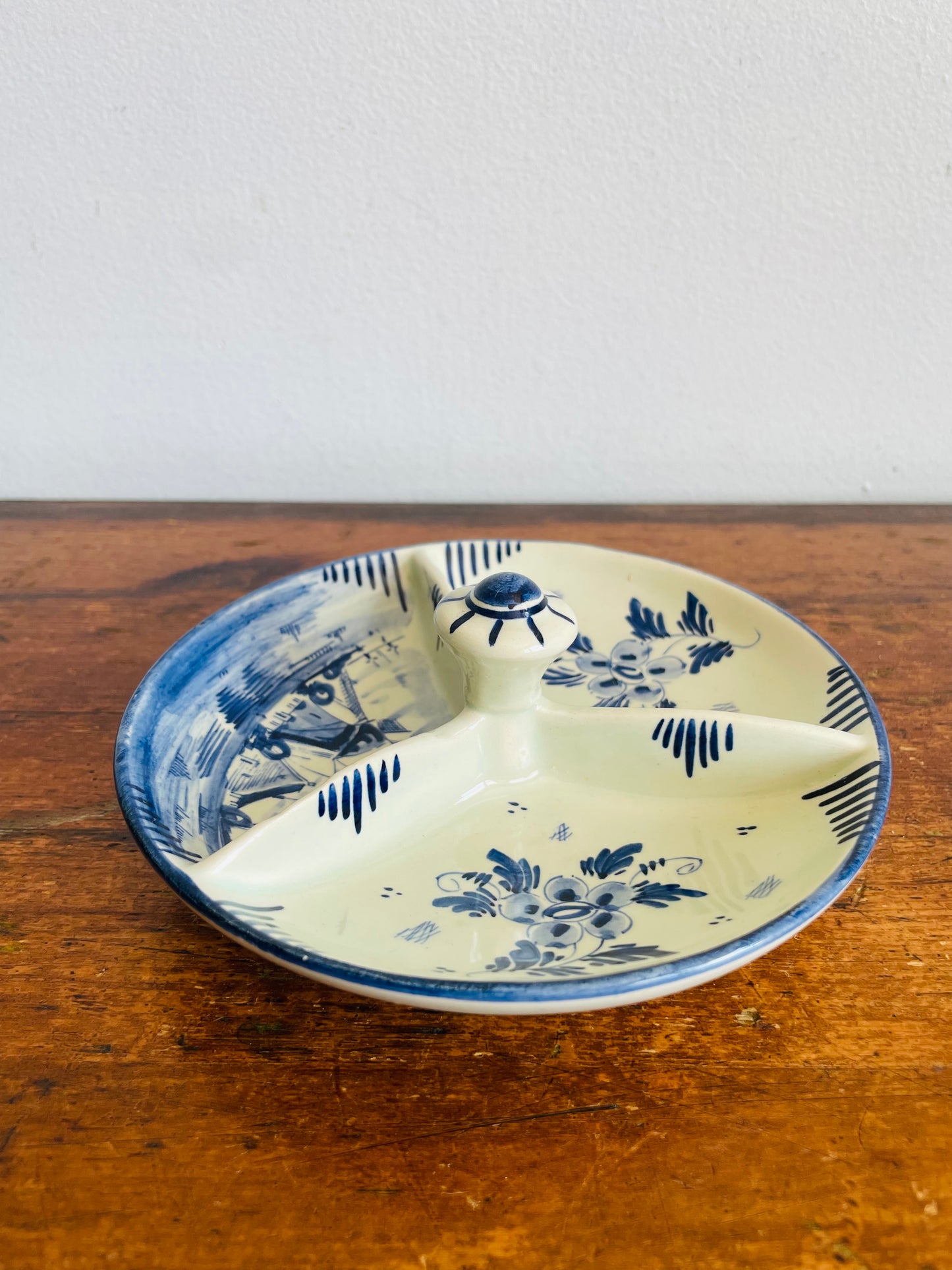 Vintage Delft Blue Hand Painted Divided Trinket Bowl Dish with Handle - Made in Holland