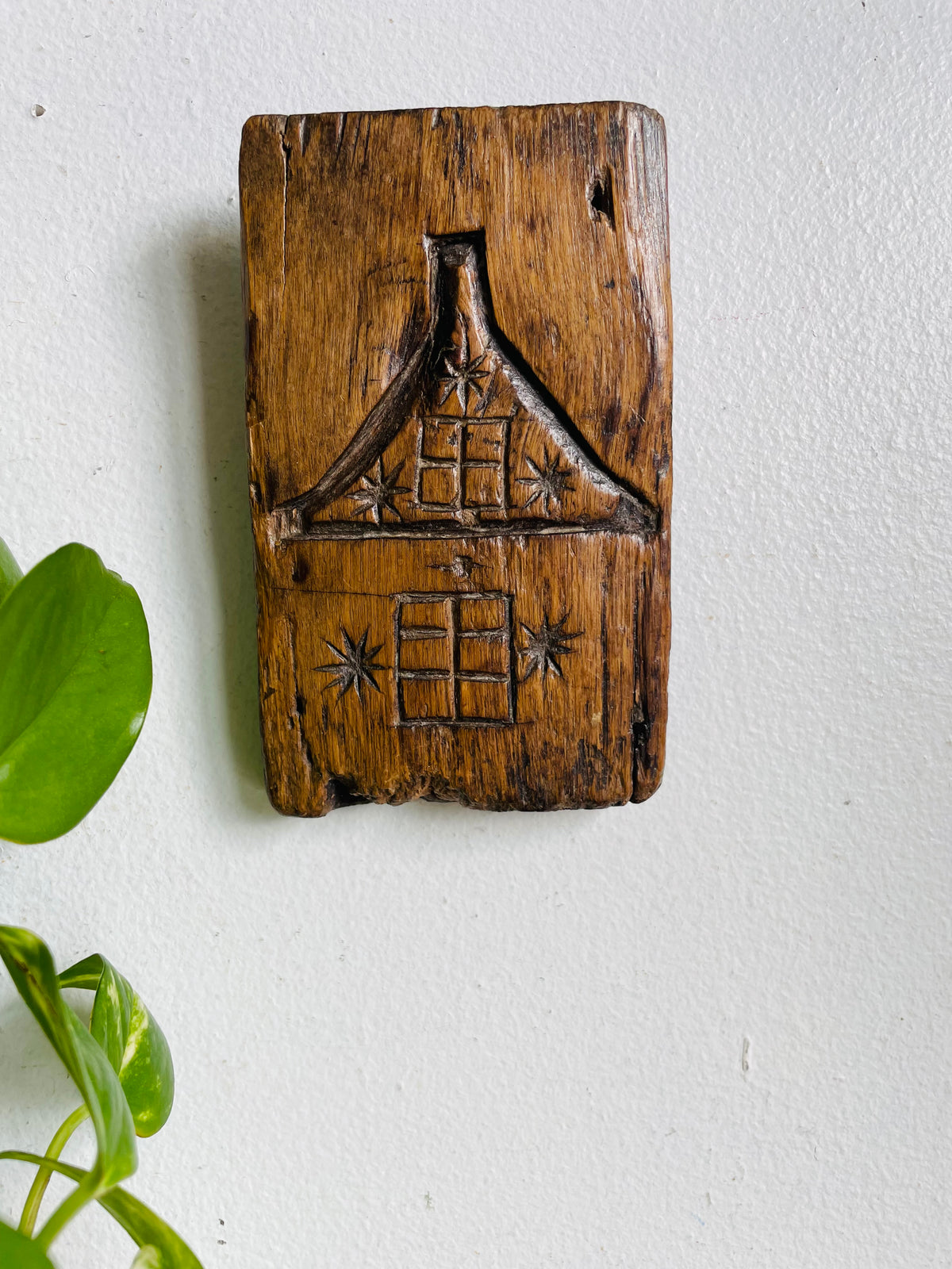 Vintage Hand Carved Wood Wall Plaque Picture of House With Chimney & Stars