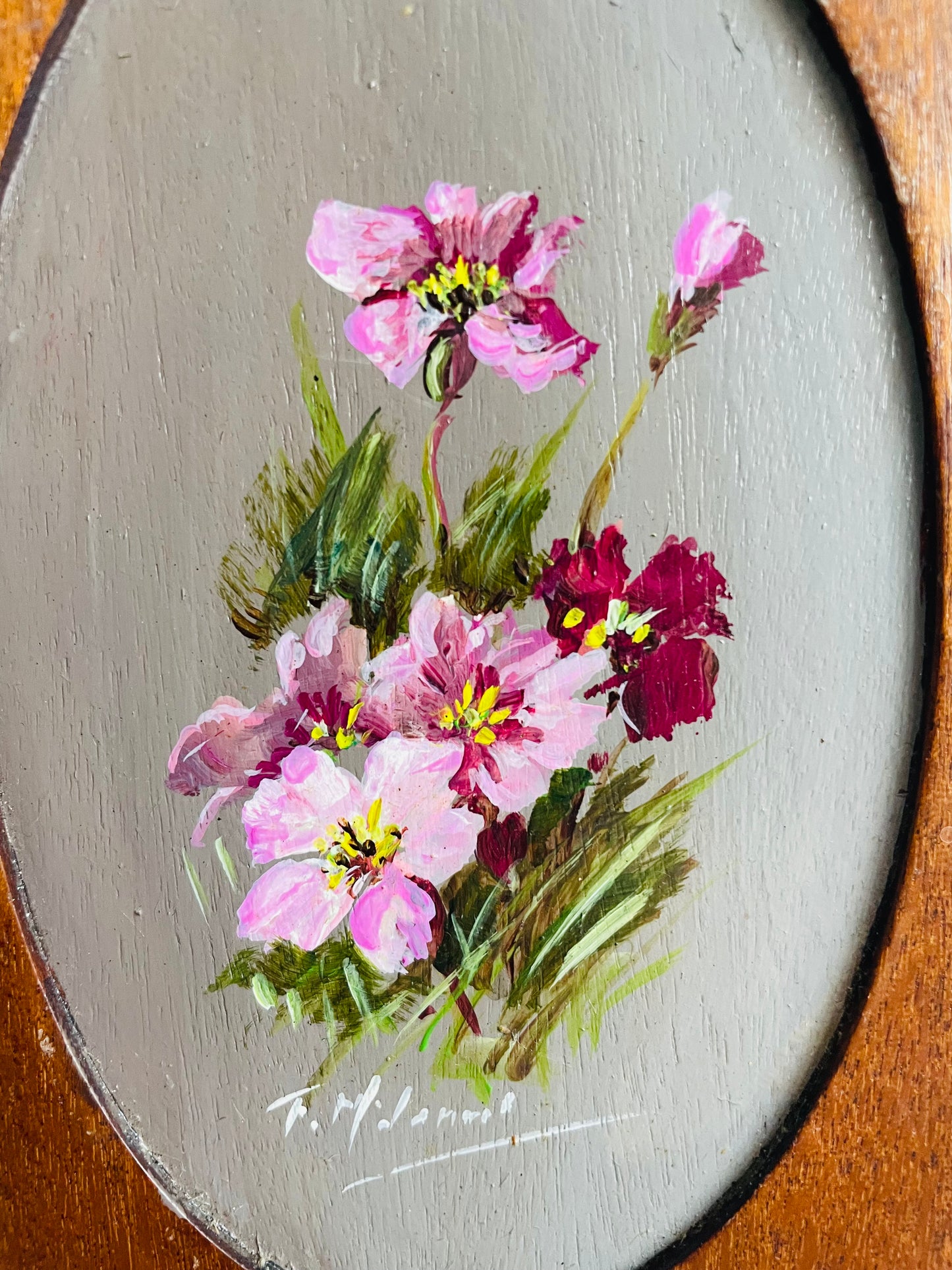 Original Art Painting on Wood Plaque of Purple & Pink Flowers - Artist Signed