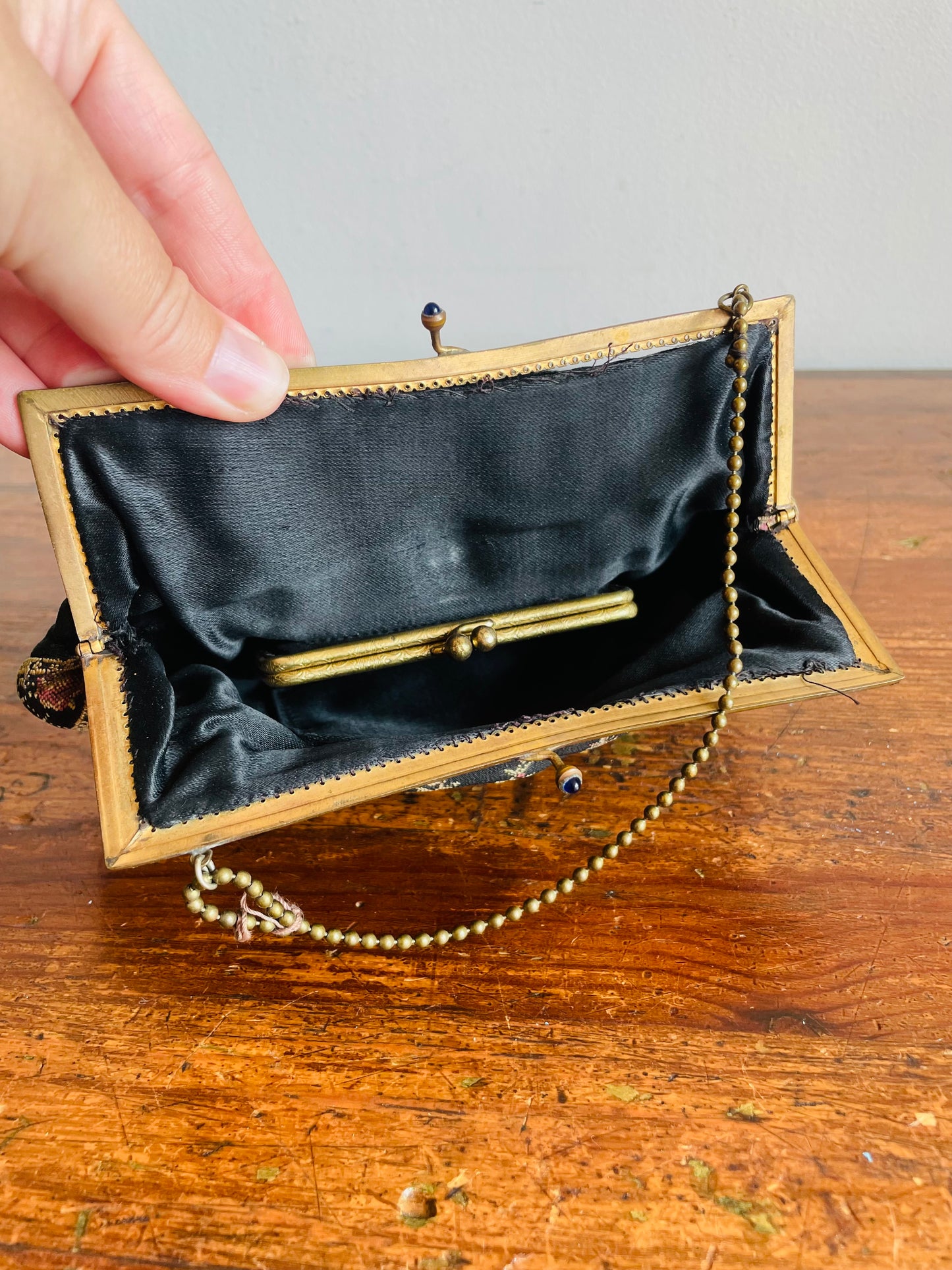 Delicate 1920s Black Evening Bag Purse on Brass Chain with Floral Petit Point Embroidery - Has Attached Coin Purse Inside