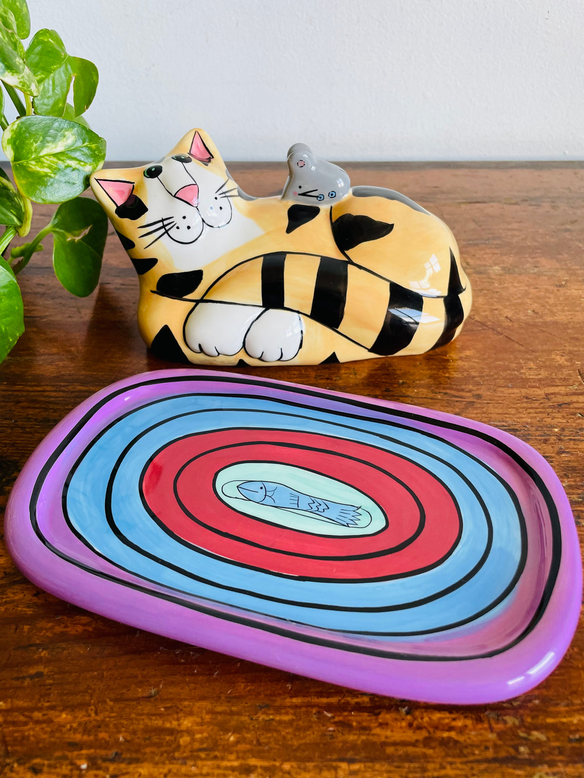 Vintage 2002 Bright & Fun Catzilla Striped Orange Cat & Mouse Butter Dish - Candace Reiter Designs - Whimsical Home Decor