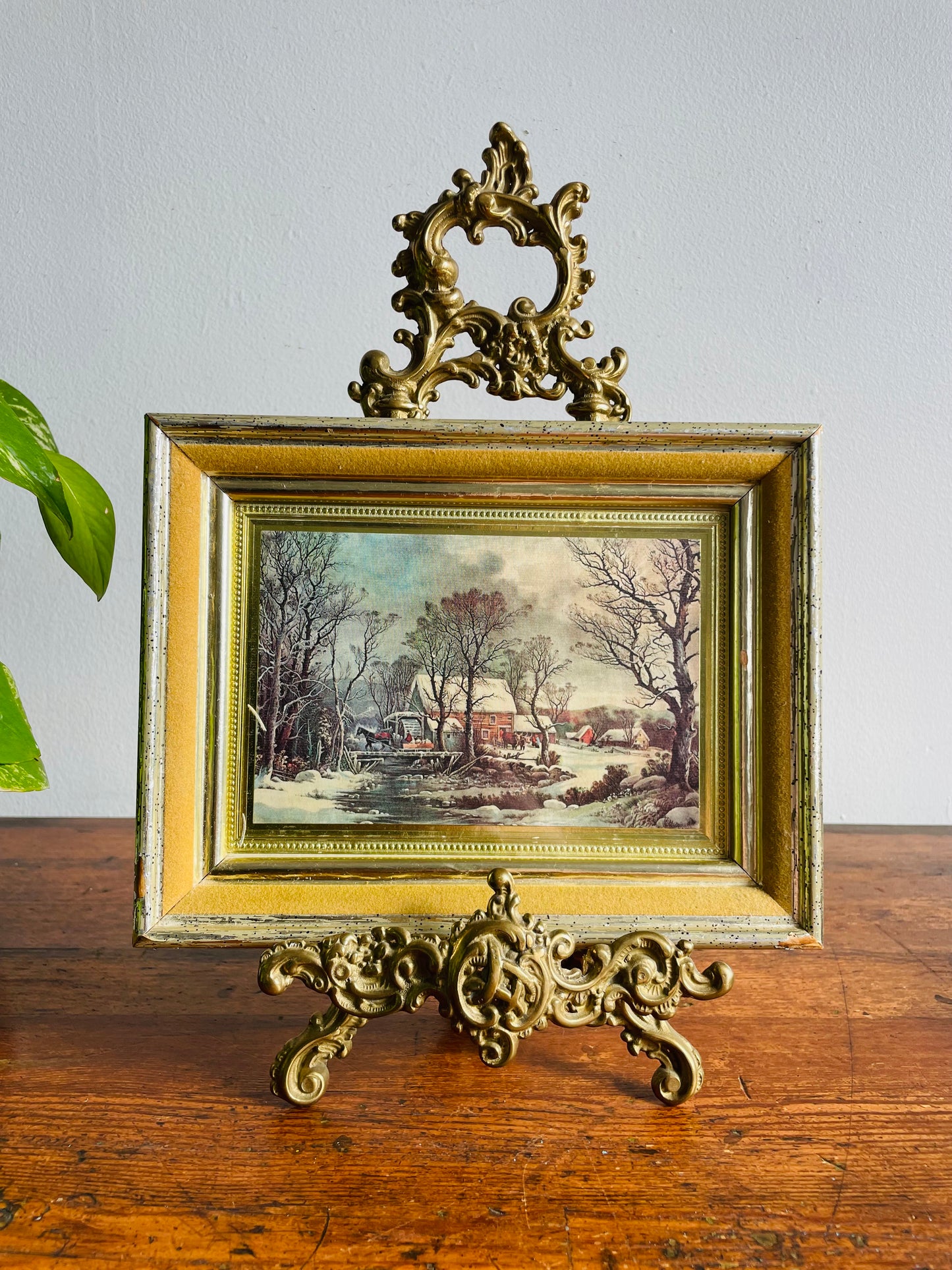 Framed Print of Snowy Farmhouse Scene with Horse Drawn Sleigh Over Bridge