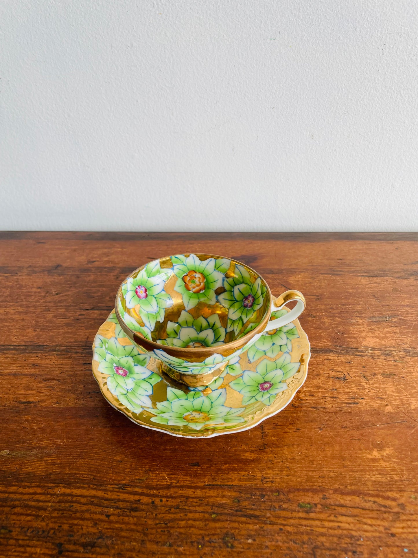 1940s Trimont China Hand Painted Gold & Flower Teacup & Saucer - Made in Occupied Japan