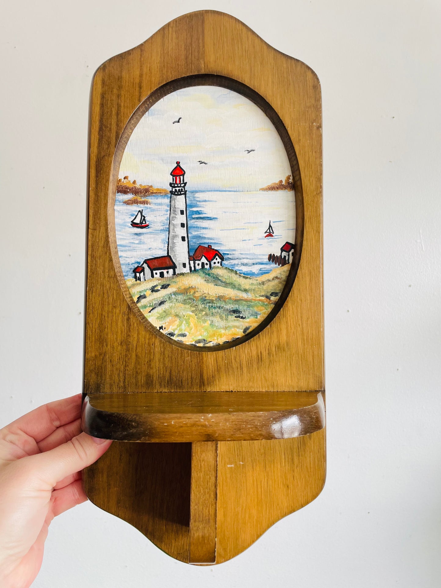 Vintage Original Art Painting of Lighthouse Nautical Scene in Hanging Wood Wall Shelf Ledge - Artist Signed