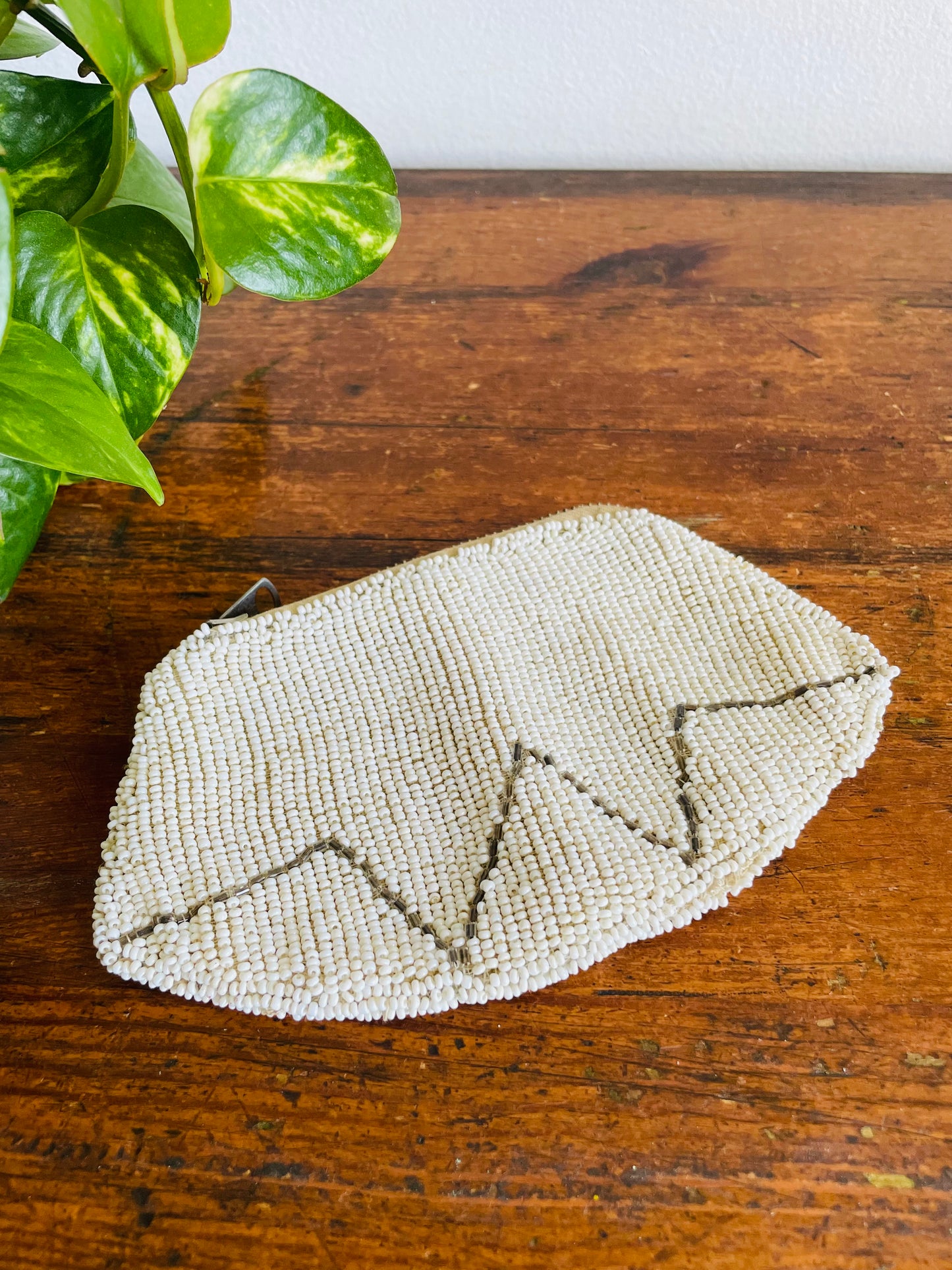 Vintage White & Silver Hand Beaded Zippered Pouch Clutch Wallet with Hand or Belt Hook Holding Strap - French Language Writing on Zipper