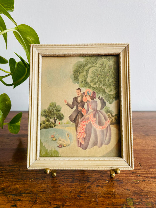 Lithograph Print Picture of Man & Woman in Purple Victorian Dress Beside Lake with Swan